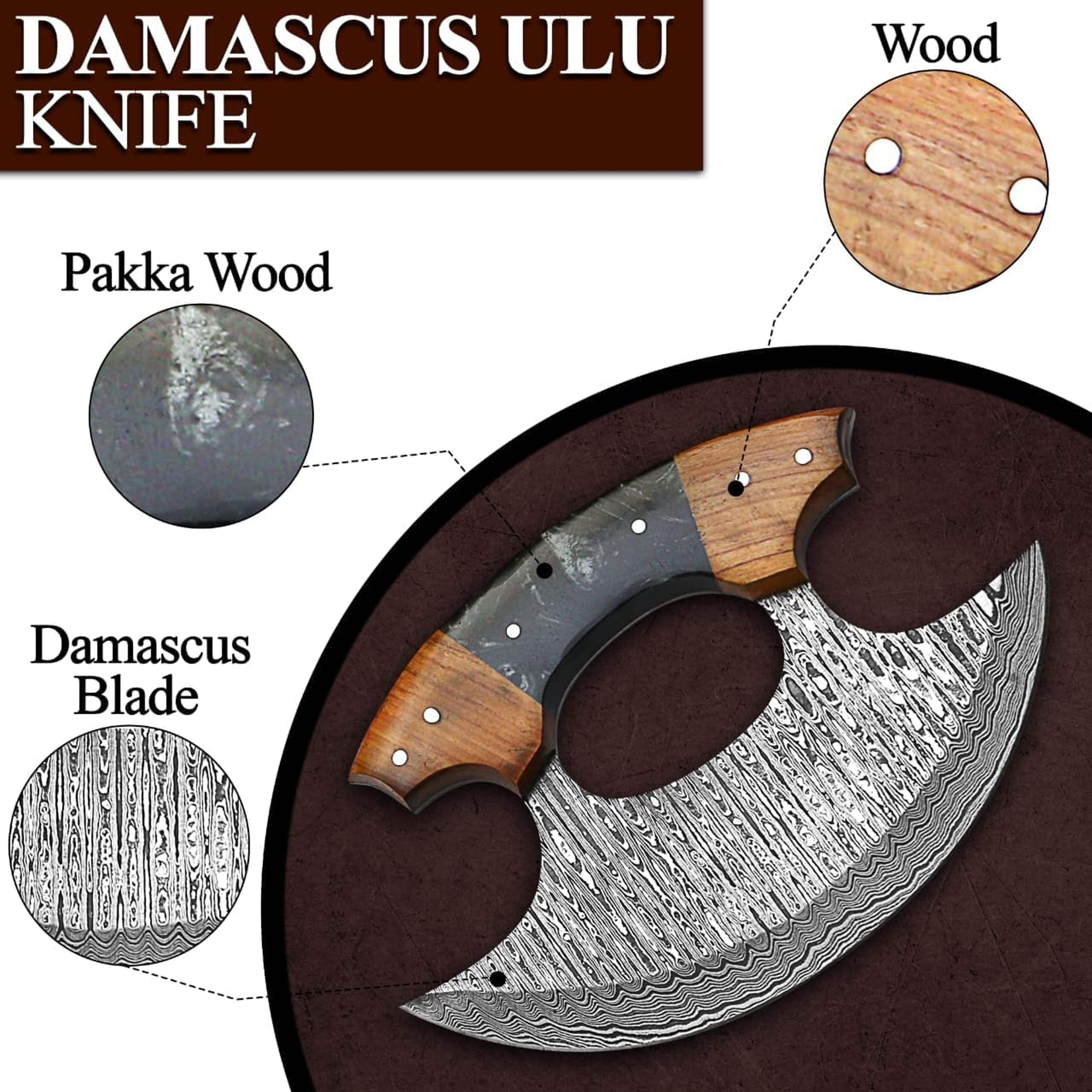 5 Inches Damascus ULU Knife Cow Leather Sheath Handmade Pizza Cutter with Non-Slip Handle Alaskan Ulu Rocker – view 2
