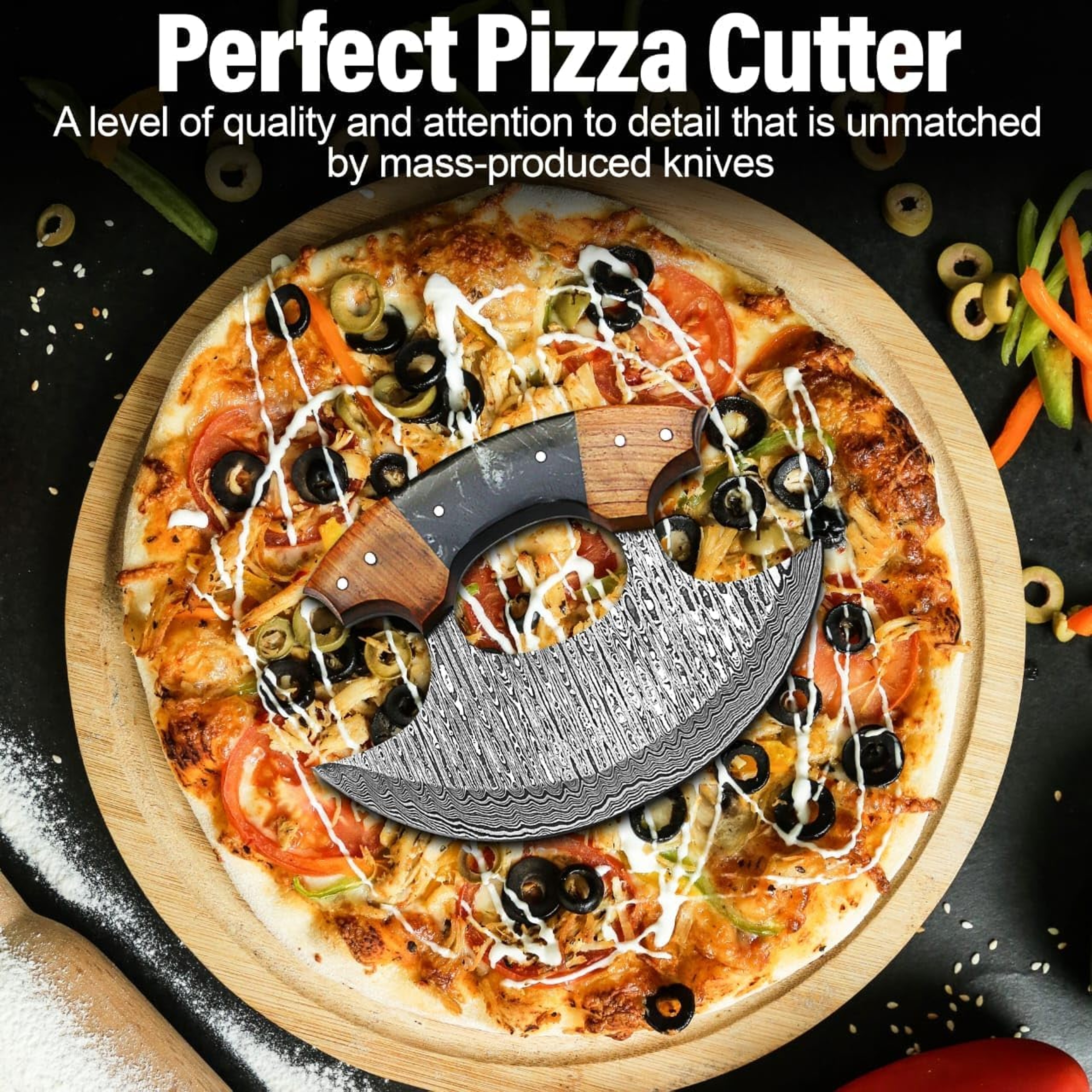 5 Inches Damascus ULU Knife Cow Leather Sheath Handmade Pizza Cutter with Non-Slip Handle Alaskan Ulu Rocker – view 4