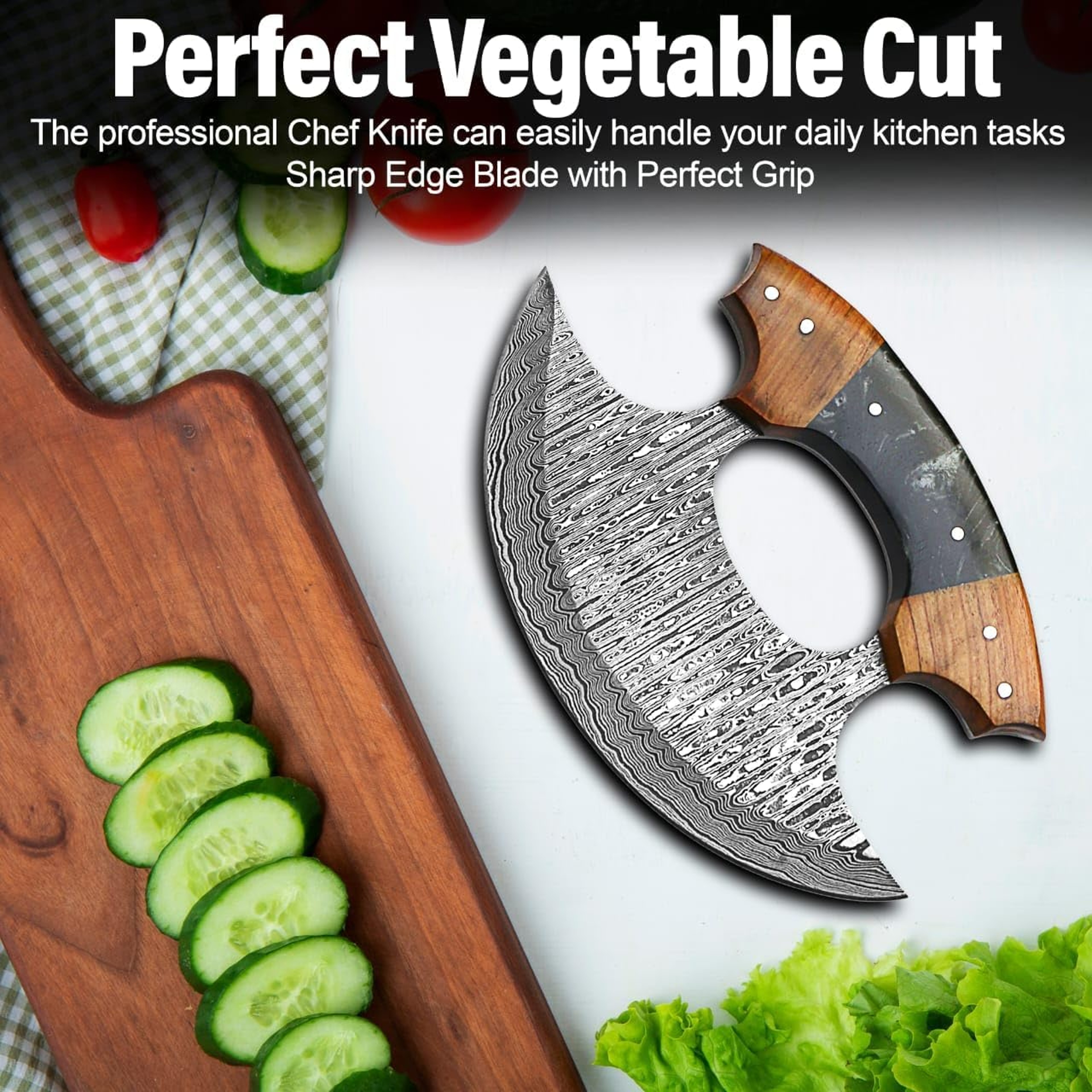 5 Inches Damascus ULU Knife Cow Leather Sheath Handmade Pizza Cutter with Non-Slip Handle Alaskan Ulu Rocker – view 5