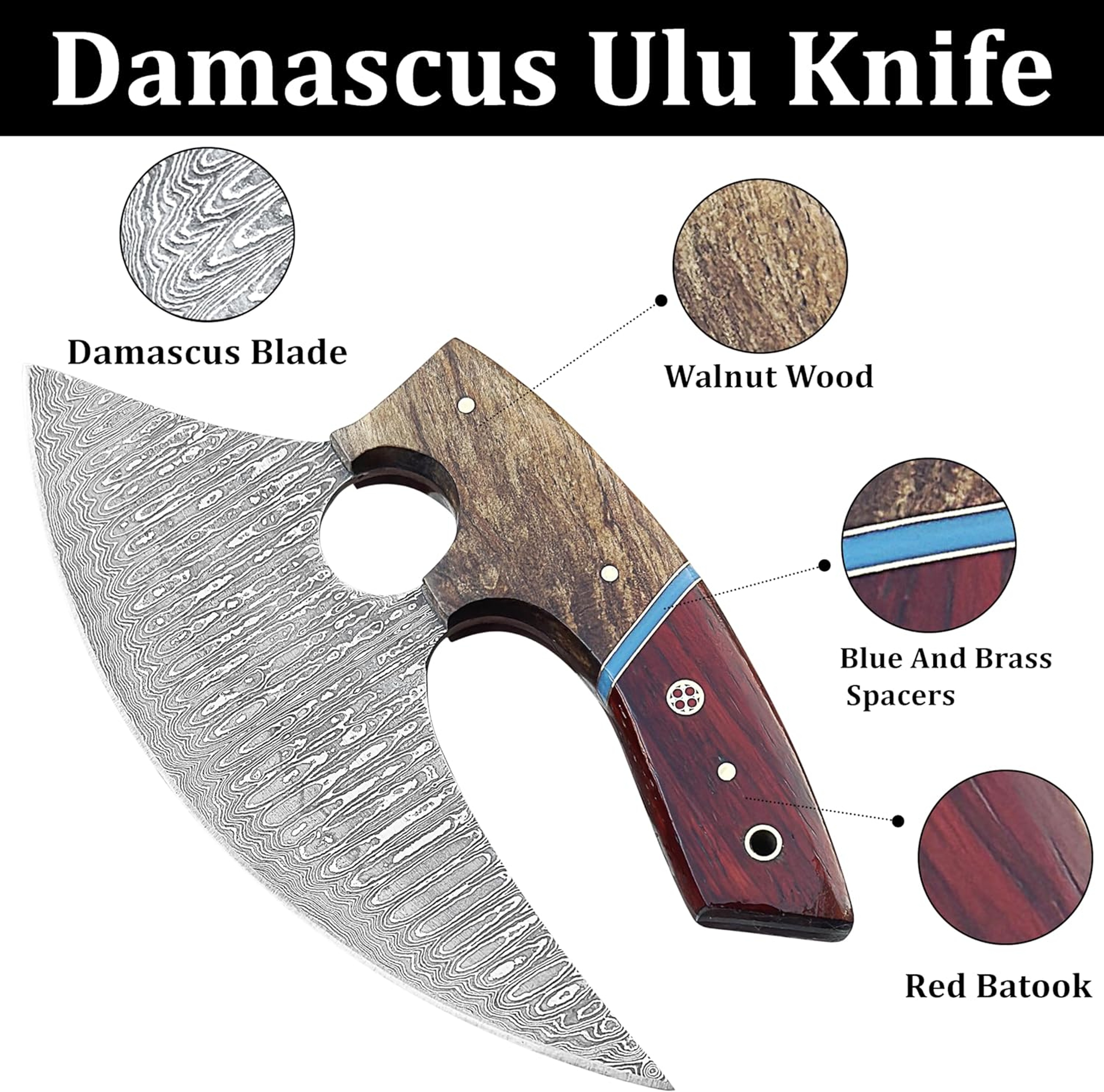 5 Inches Damascus ULU Knife Cow Leather Sheath Handmade Pizza Cutter with Non-Slip Handle Ideal Alaska gifts – view 2