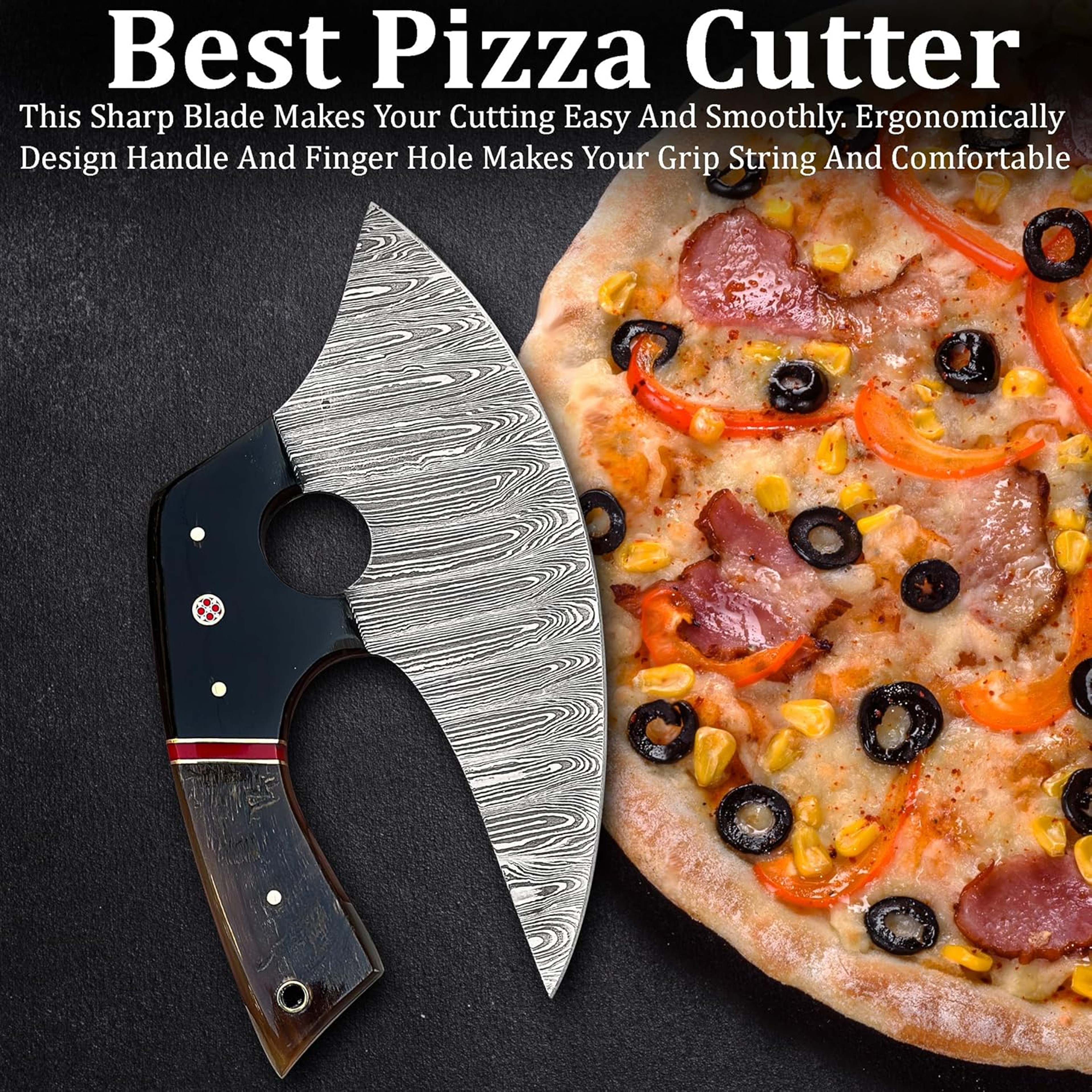 5 Inches Damascus ULU Knife Cow Leather Sheath Handmade Pizza Cutter with Non-Slip Handle Ideal Alaska Rocker – view 4