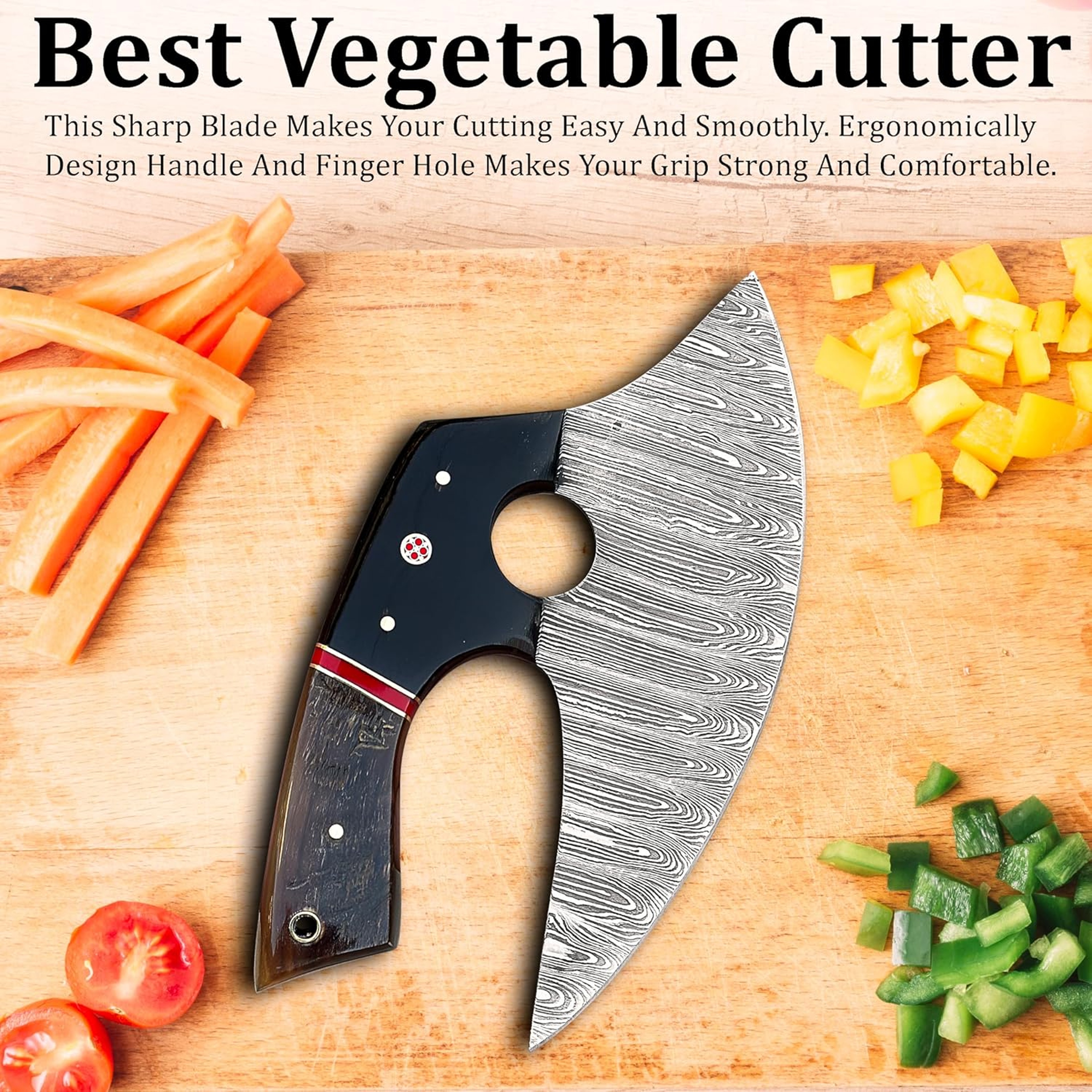 5 Inches Damascus ULU Knife Cow Leather Sheath Handmade Pizza Cutter with Non-Slip Handle Ideal Alaska Rocker – view 5