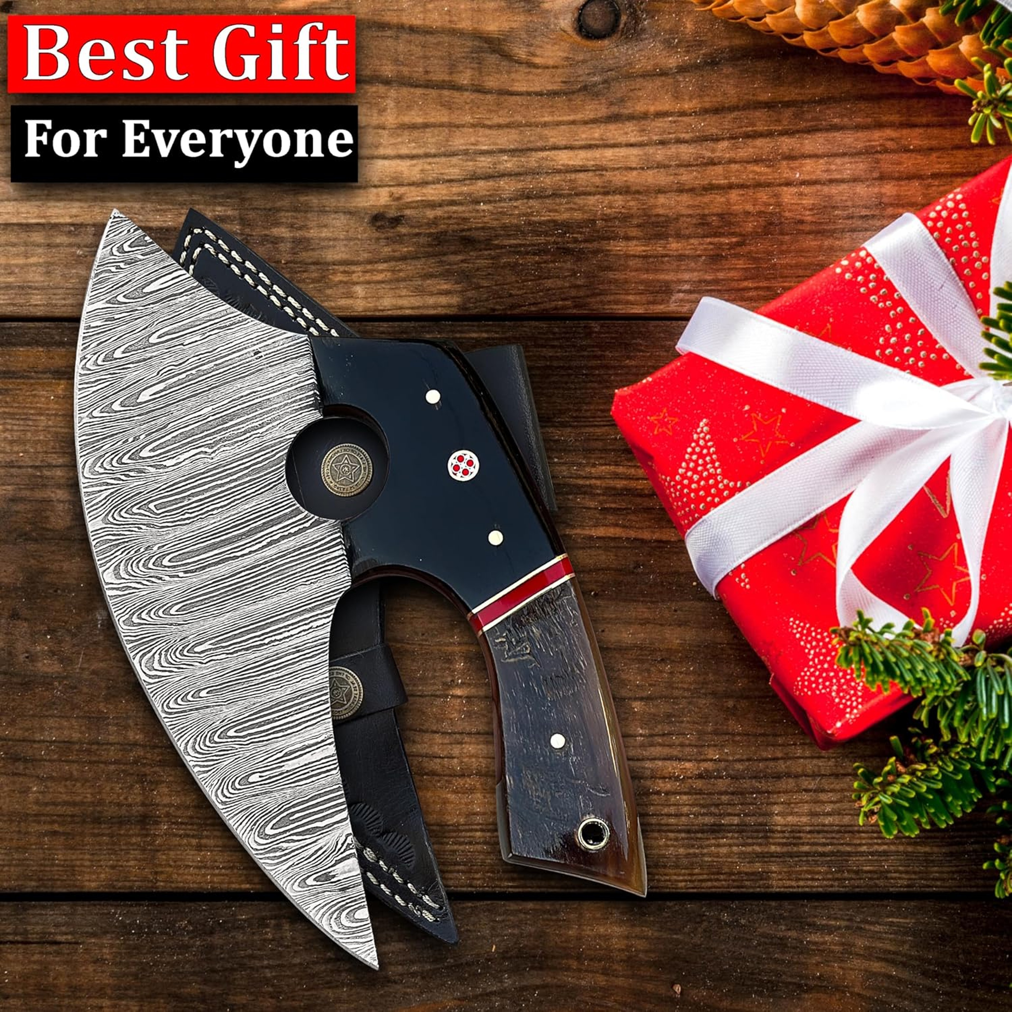 5 Inches Damascus ULU Knife Cow Leather Sheath Handmade Pizza Cutter with Non-Slip Handle Ideal Alaska Rocker – view 6