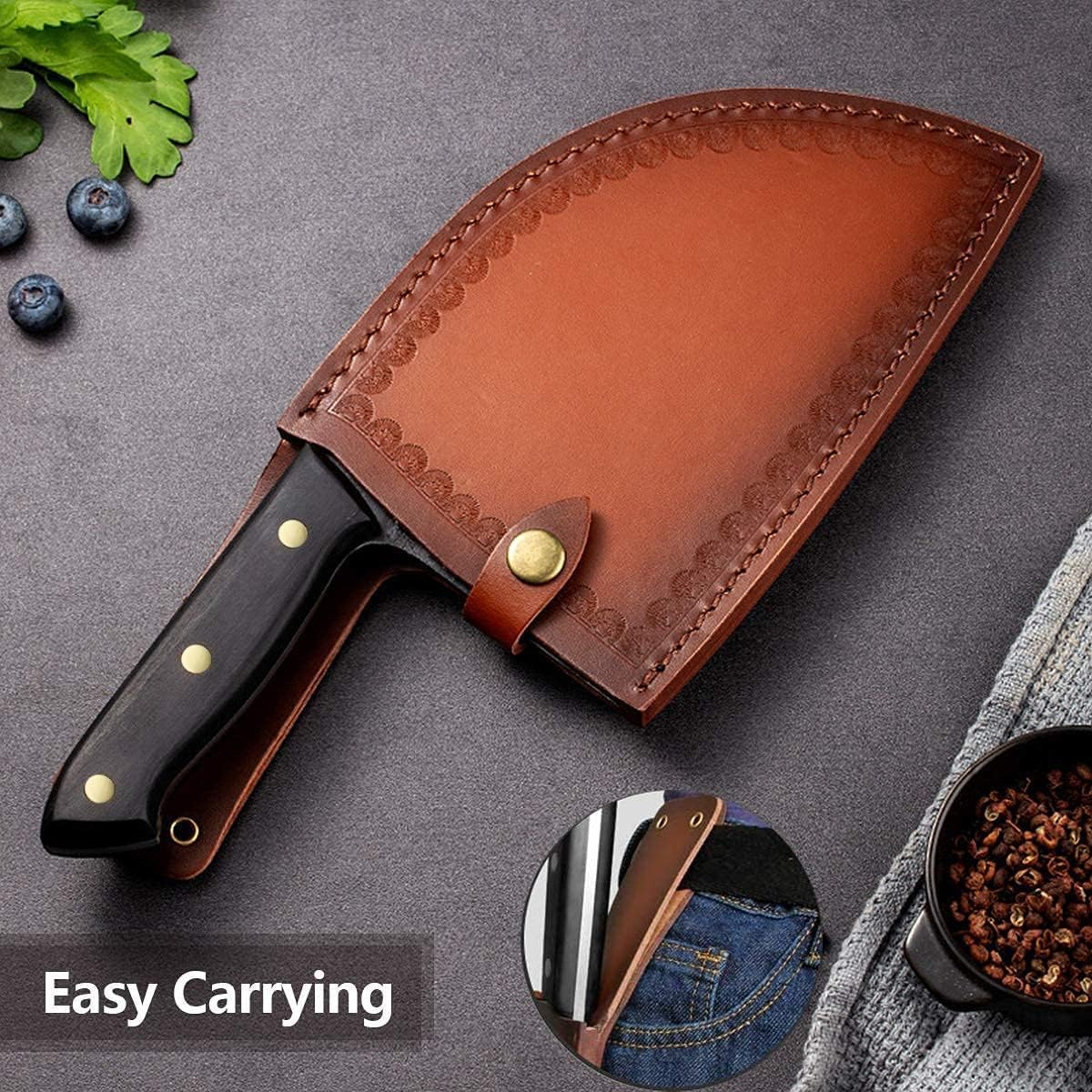 D2 Chef Knife Cleaver Knife Hand Forged Butcher Knife with Sheath Full Tang Chopping Knife for Kitchen Cooking – view 5