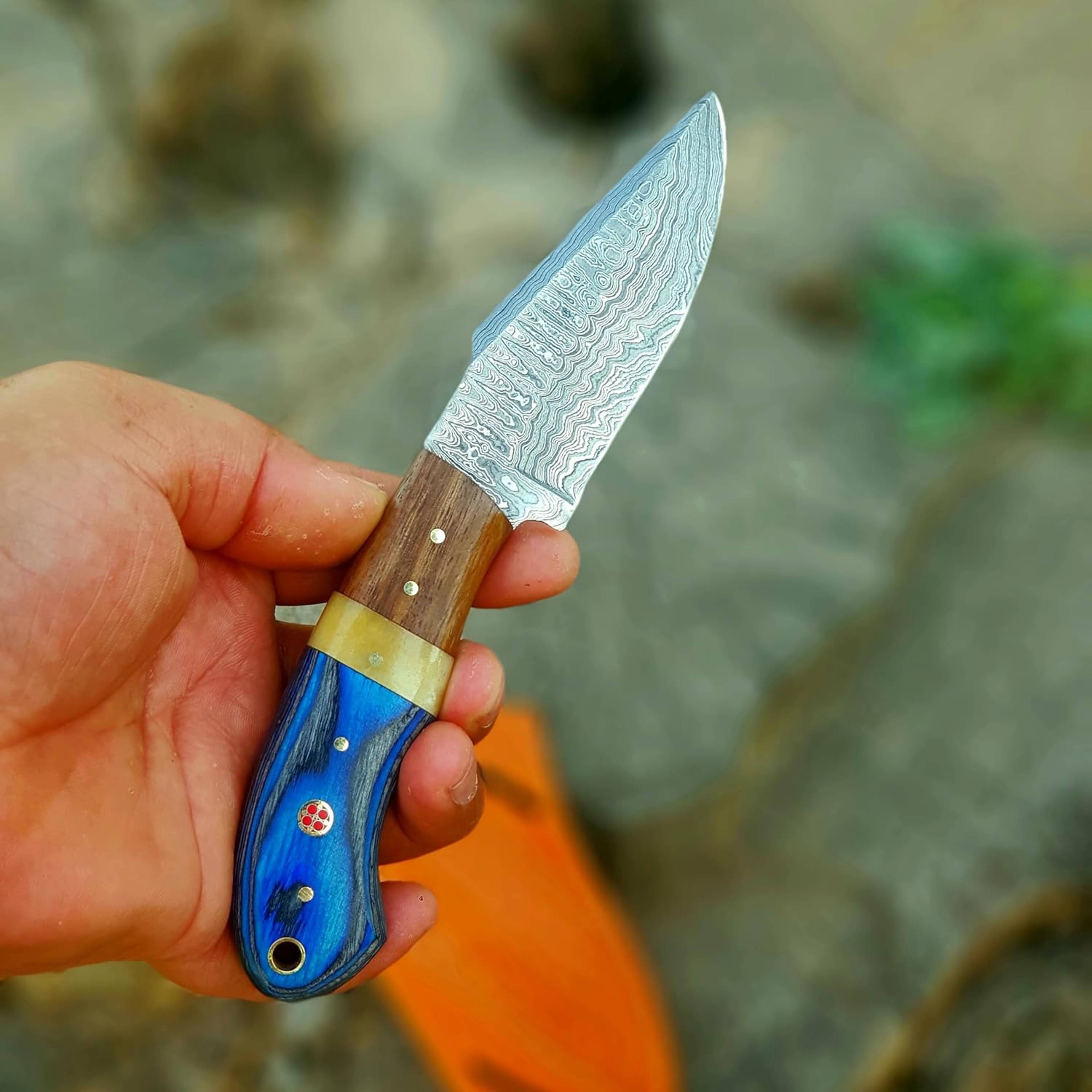 Handmade Damascus Steel Hunting knife Fixed Blade knife Bone & Rose Wood Handle Bull Cutter Knife EDC Outdoor – view 2