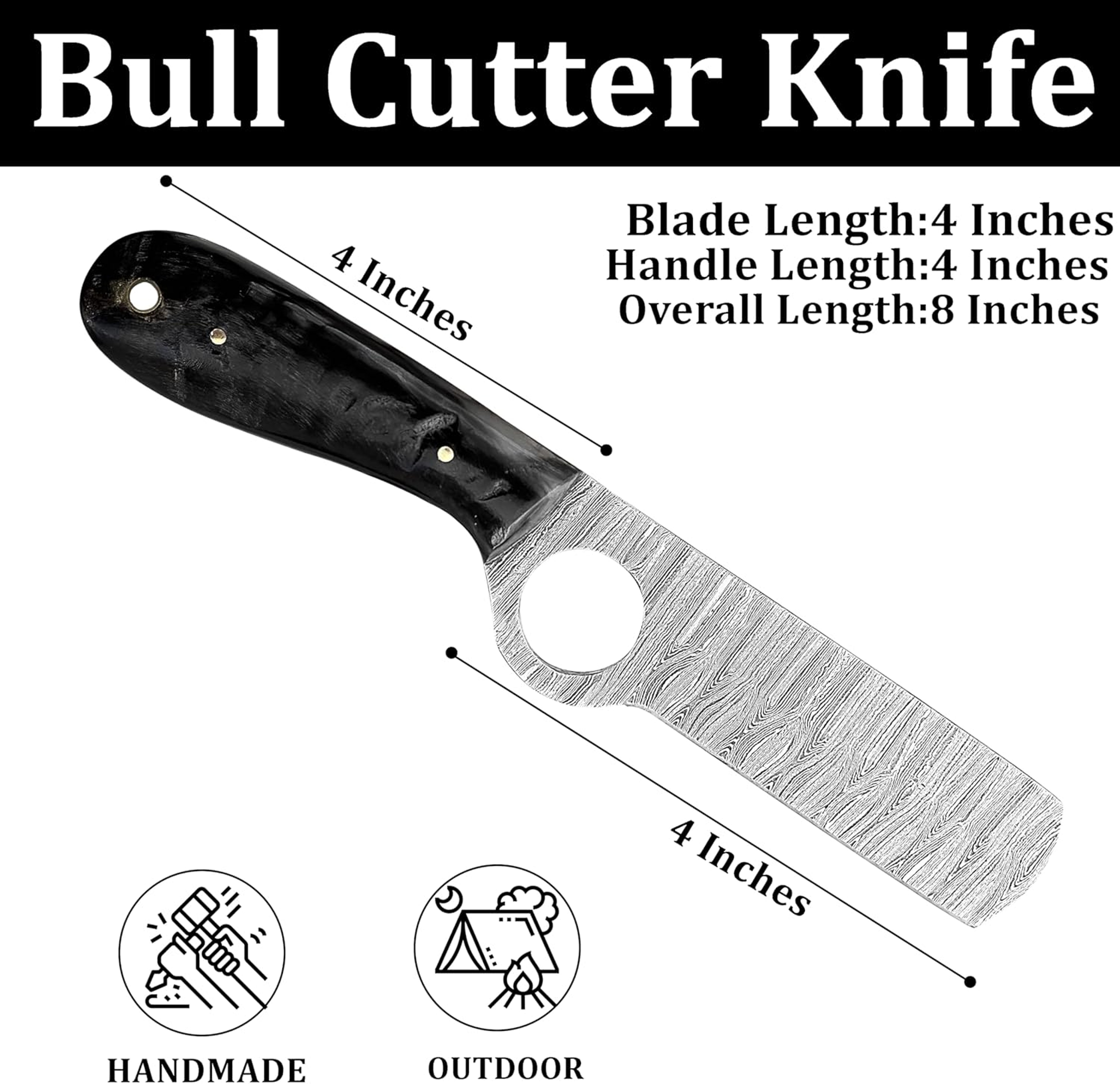 Ring Handmade Bull cutter knife outdoor comping skinning cowboy knives with pancake leather sheath Black Stag – view 3