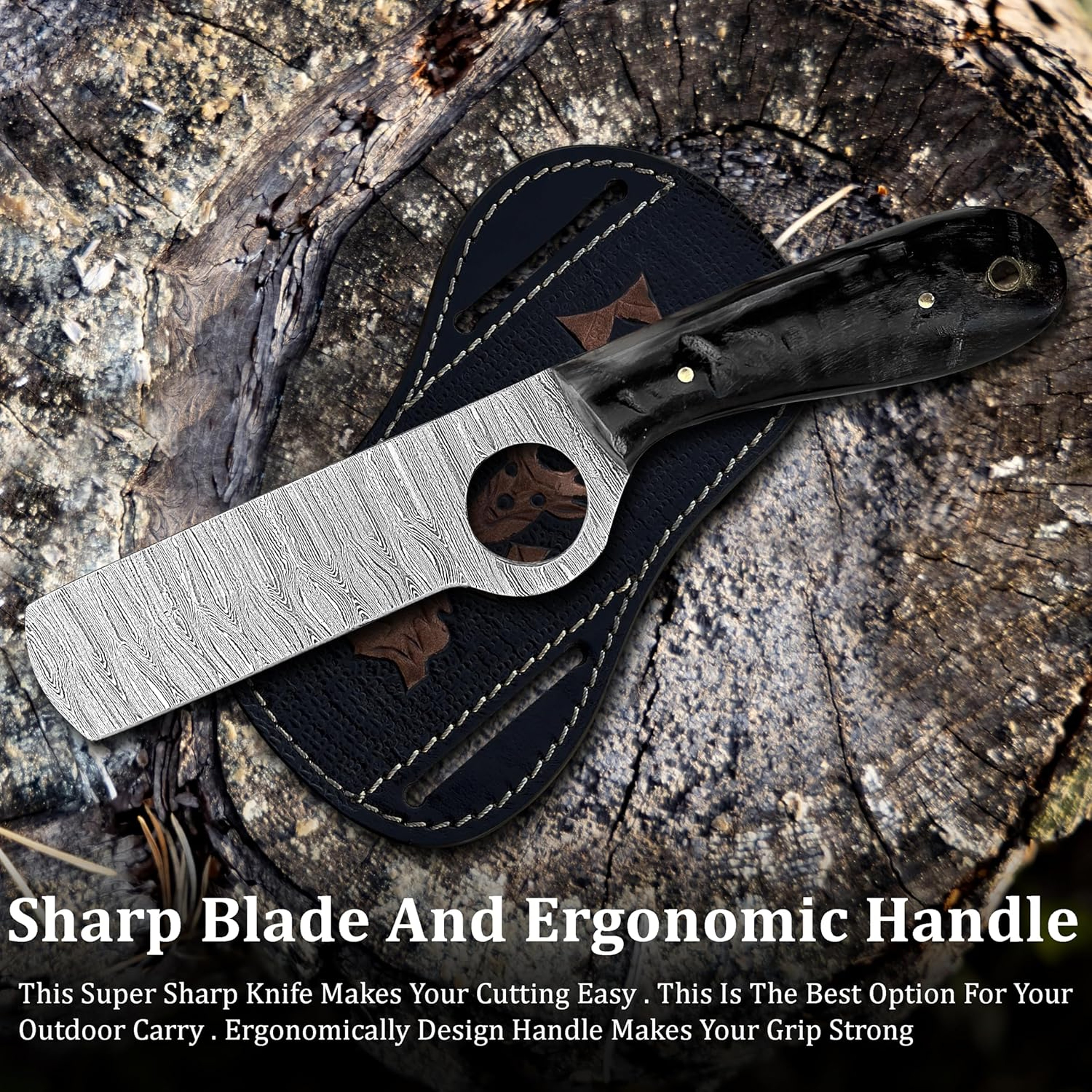 Ring Handmade Bull cutter knife outdoor comping skinning cowboy knives with pancake leather sheath Black Stag – view 4