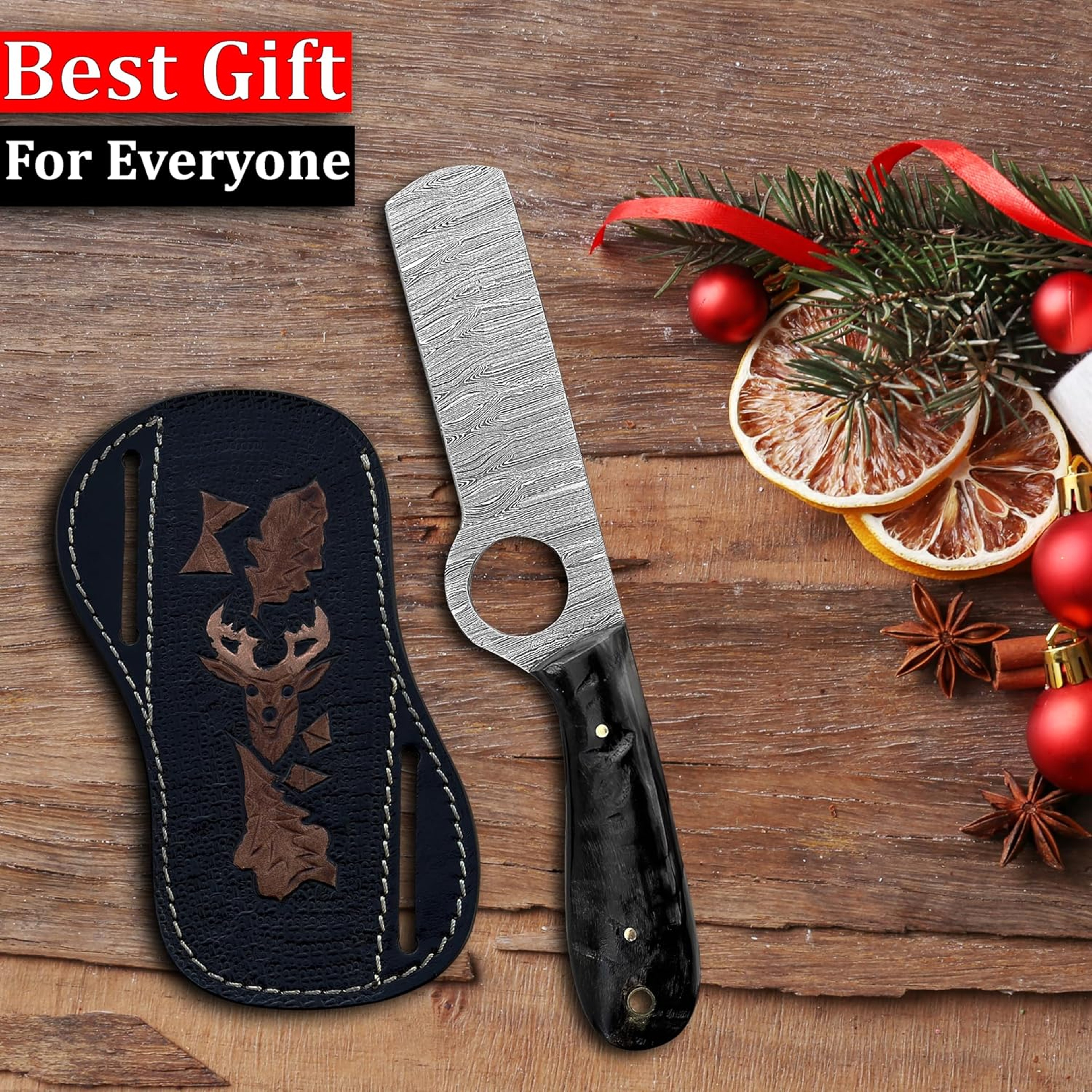 Ring Handmade Bull cutter knife outdoor comping skinning cowboy knives with pancake leather sheath Black Stag – view 5