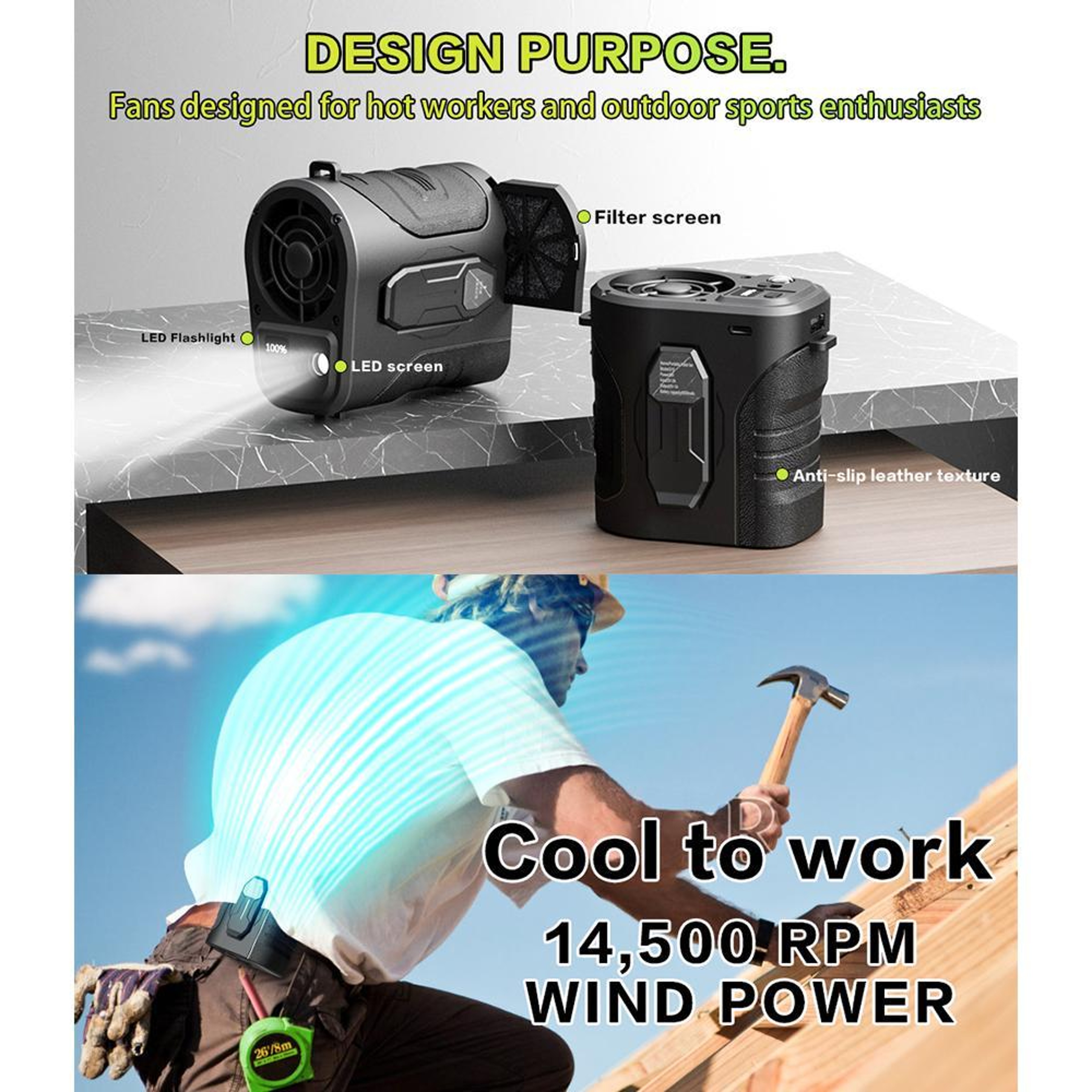 Waist Fan Rechargeable Portable Cooling Fan with LED Light & 5 Speed Airflow – view 3