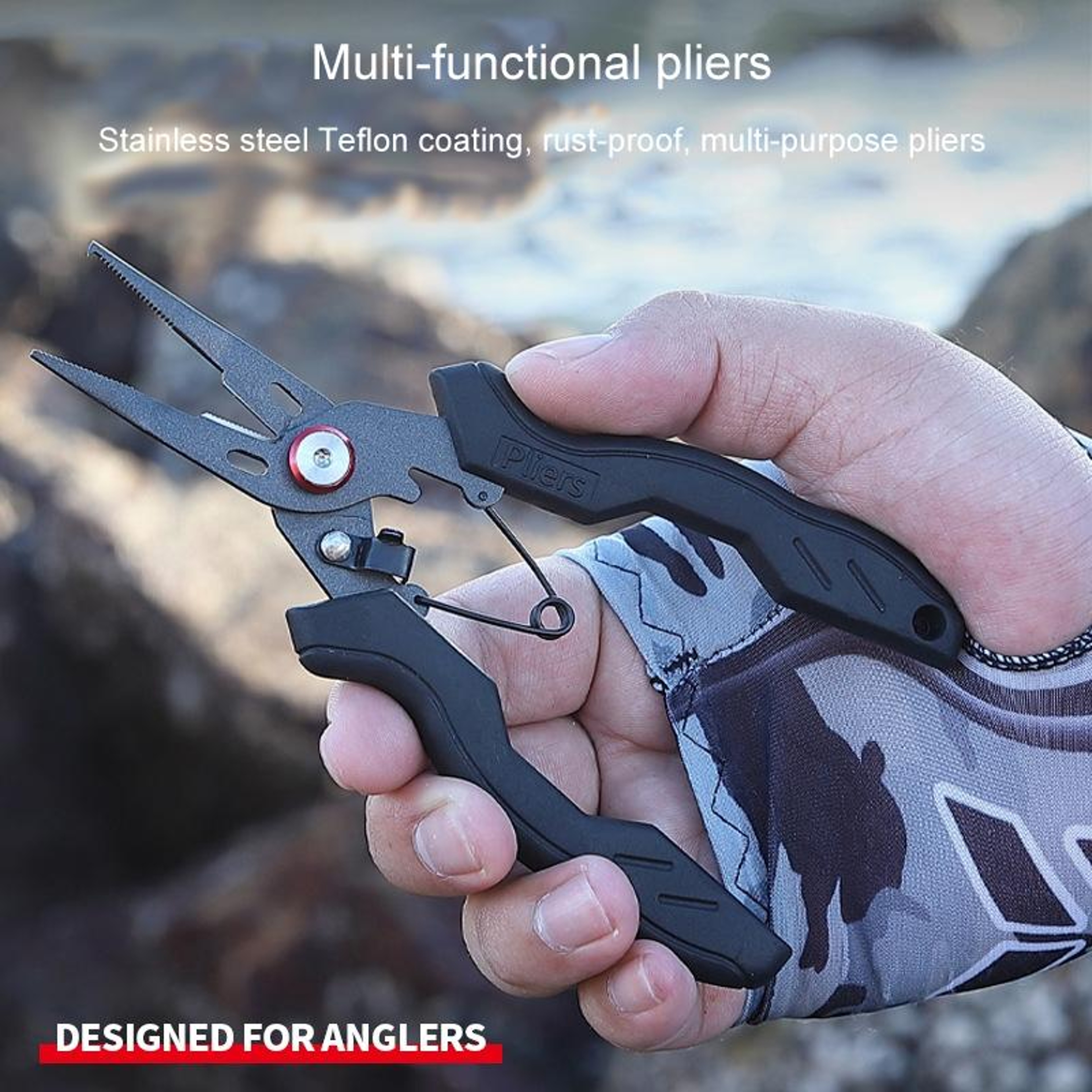 Teflon Coated Fishing Pliers Stainless Steel Multifunction Fishing Tool With Line Cutter And Split  3