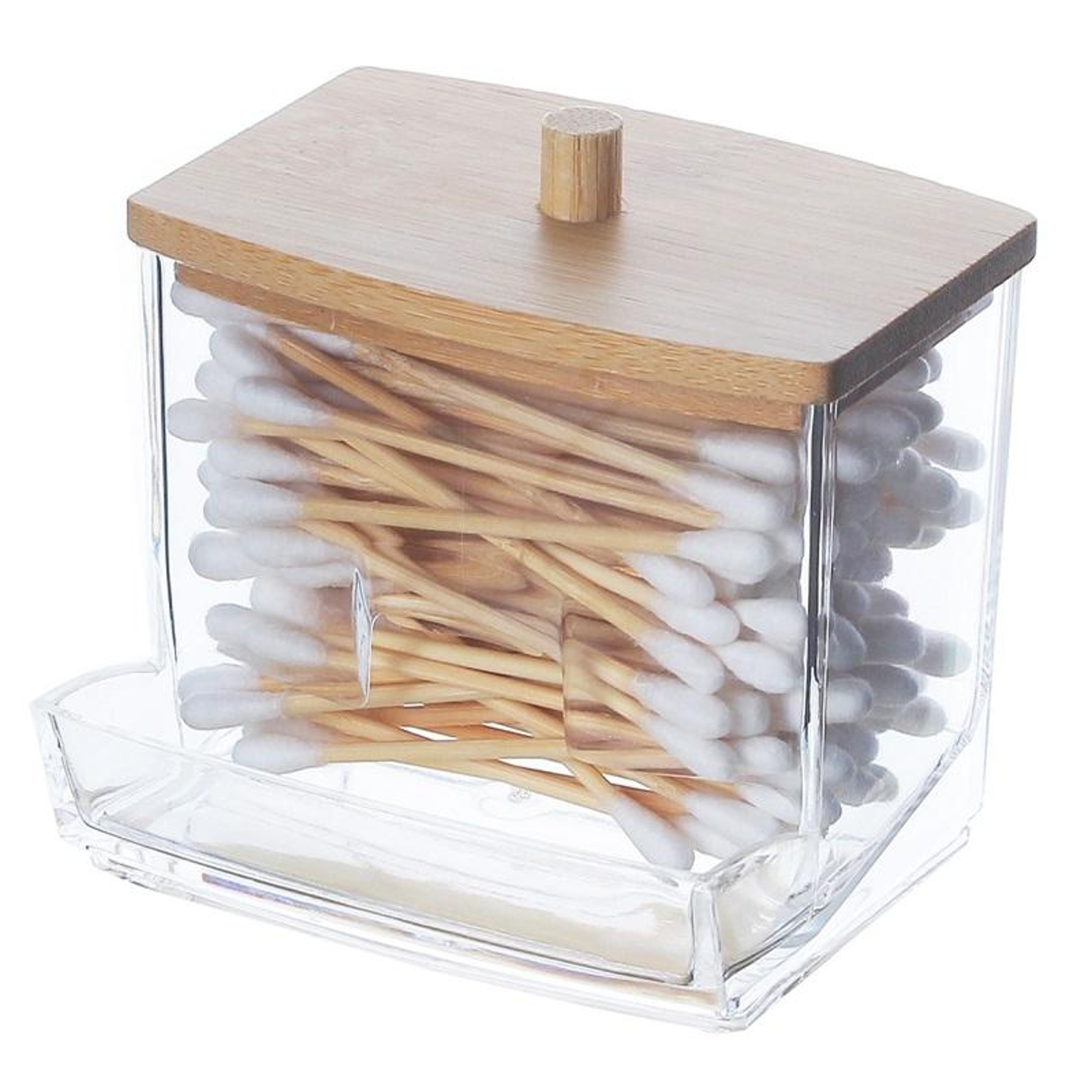 Acrylic Makeup Organizer With Bamboo Lid Cotton Swab Holder Vanity Storage Box 0