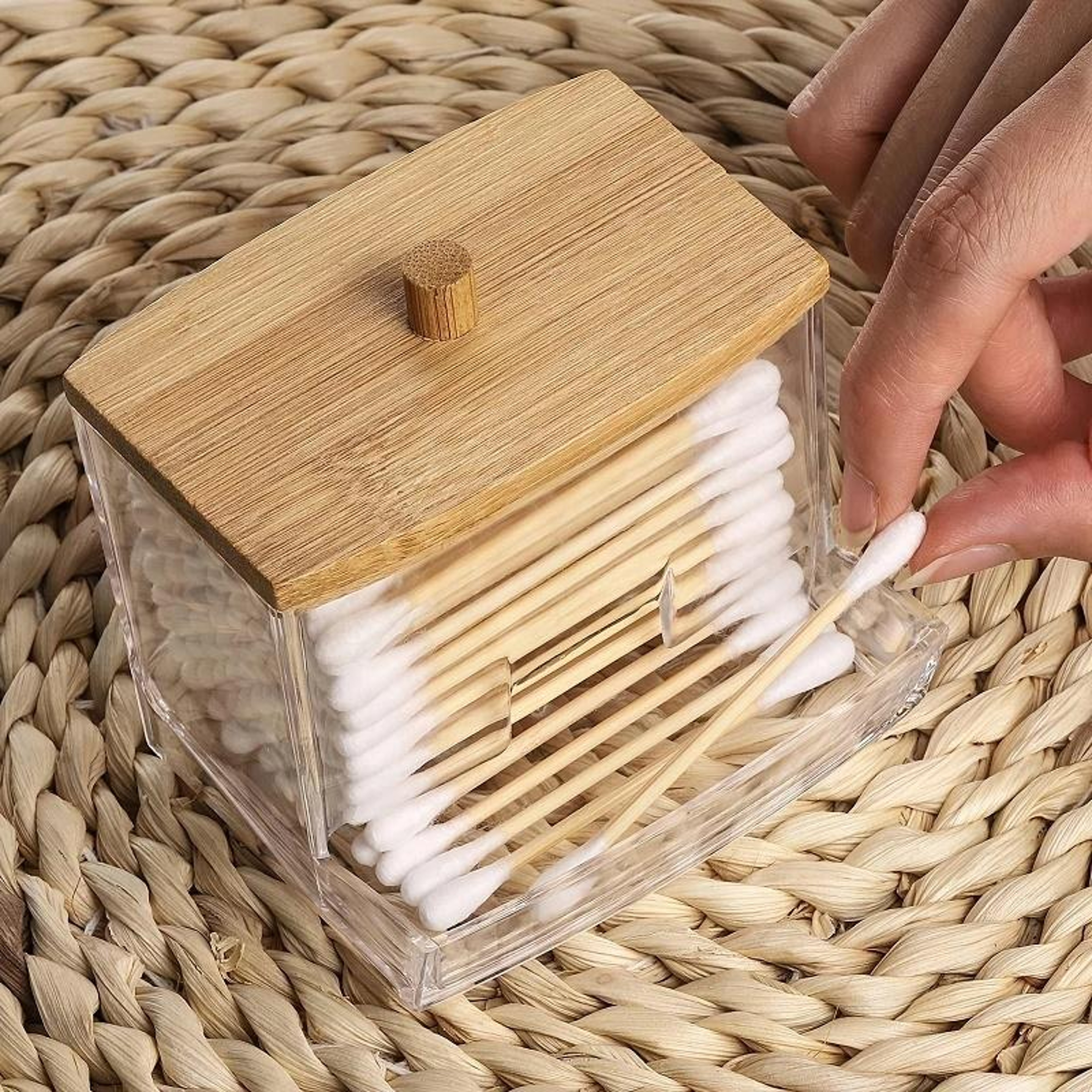 Acrylic Makeup Organizer With Bamboo Lid Cotton Swab Holder Vanity Storage Box 2