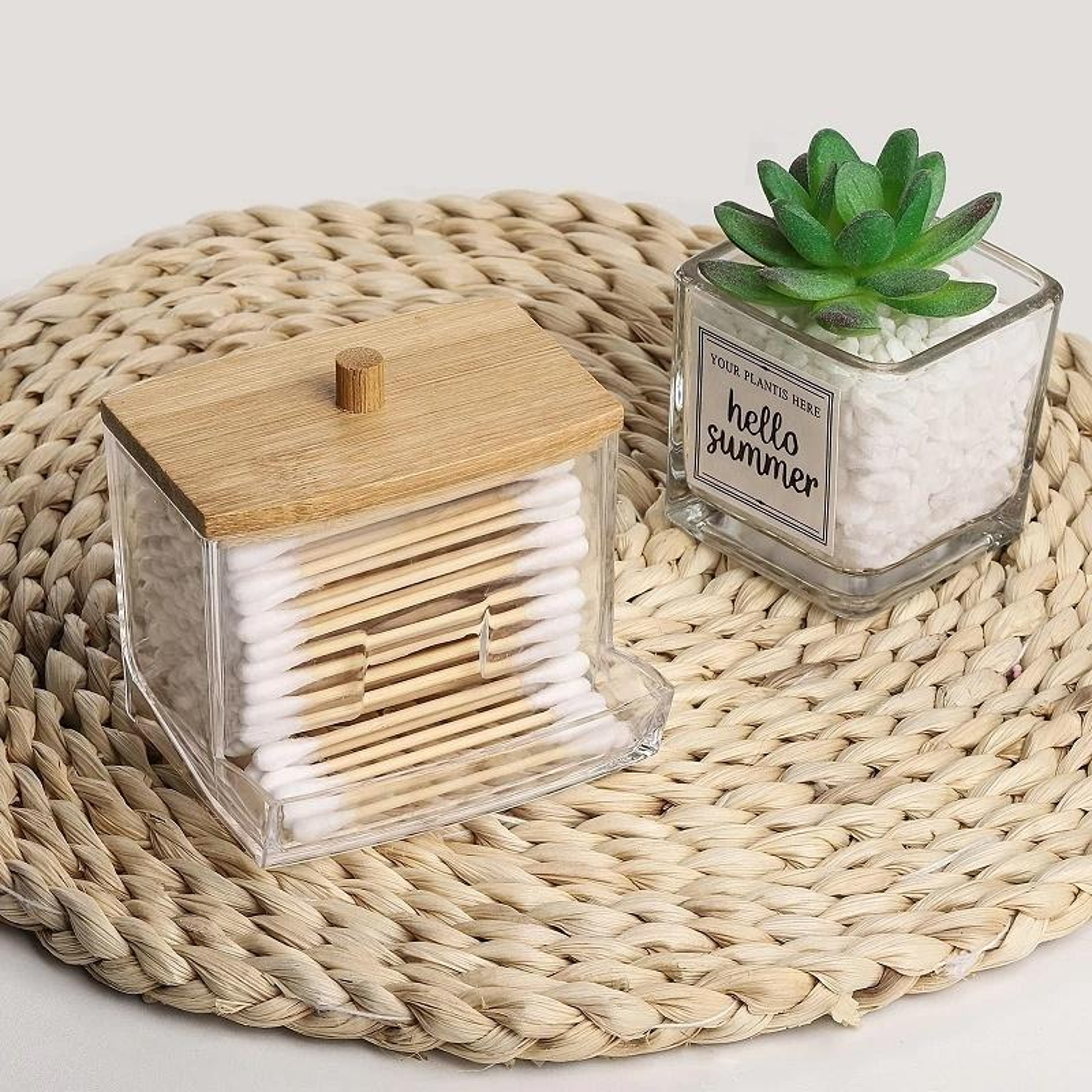 Acrylic Makeup Organizer With Bamboo Lid Cotton Swab Holder Vanity Storage Box 4