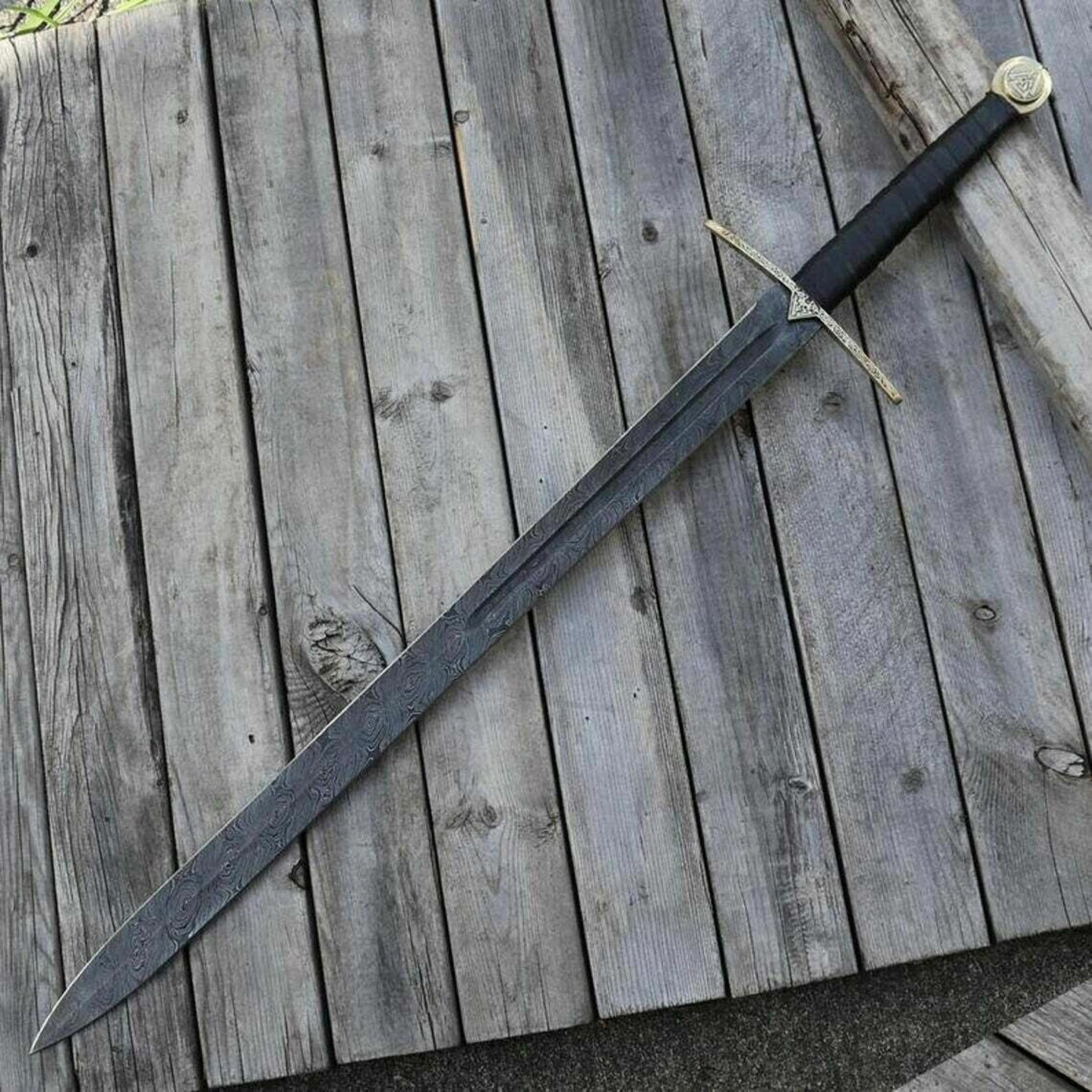 Hand Forged Damascus Viking Long Sword Leather Grip Cosplay Prop Gift For Collectors 0