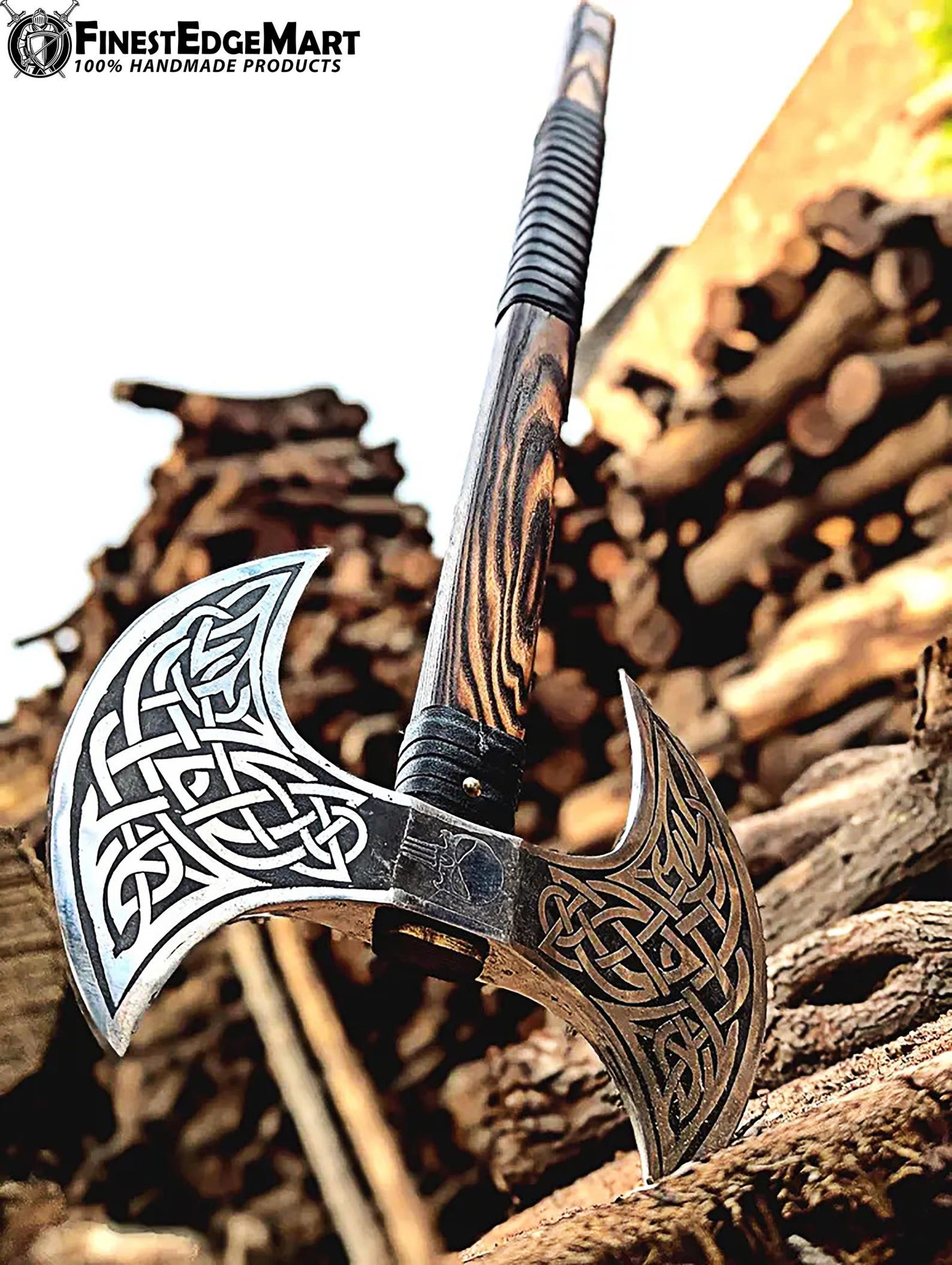 Hand Forged Double Headed Viking Battle Axe Collectible With Ash Wood Handle And Leather Sheath  Pe