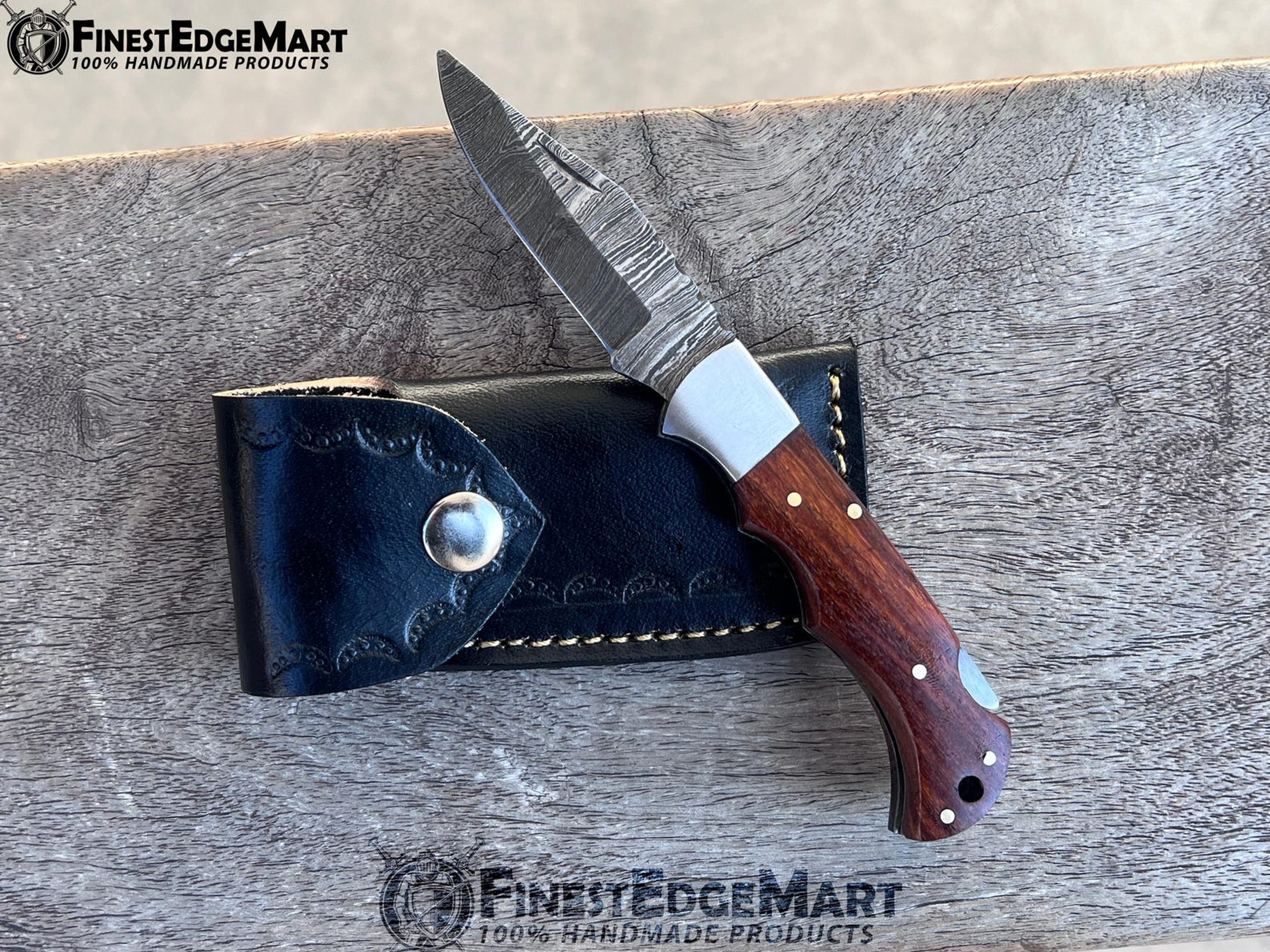FinestHandmade Damascus Folding Knife With Rosewood Handle  Compact Collectible Pocket Knife For Ou
