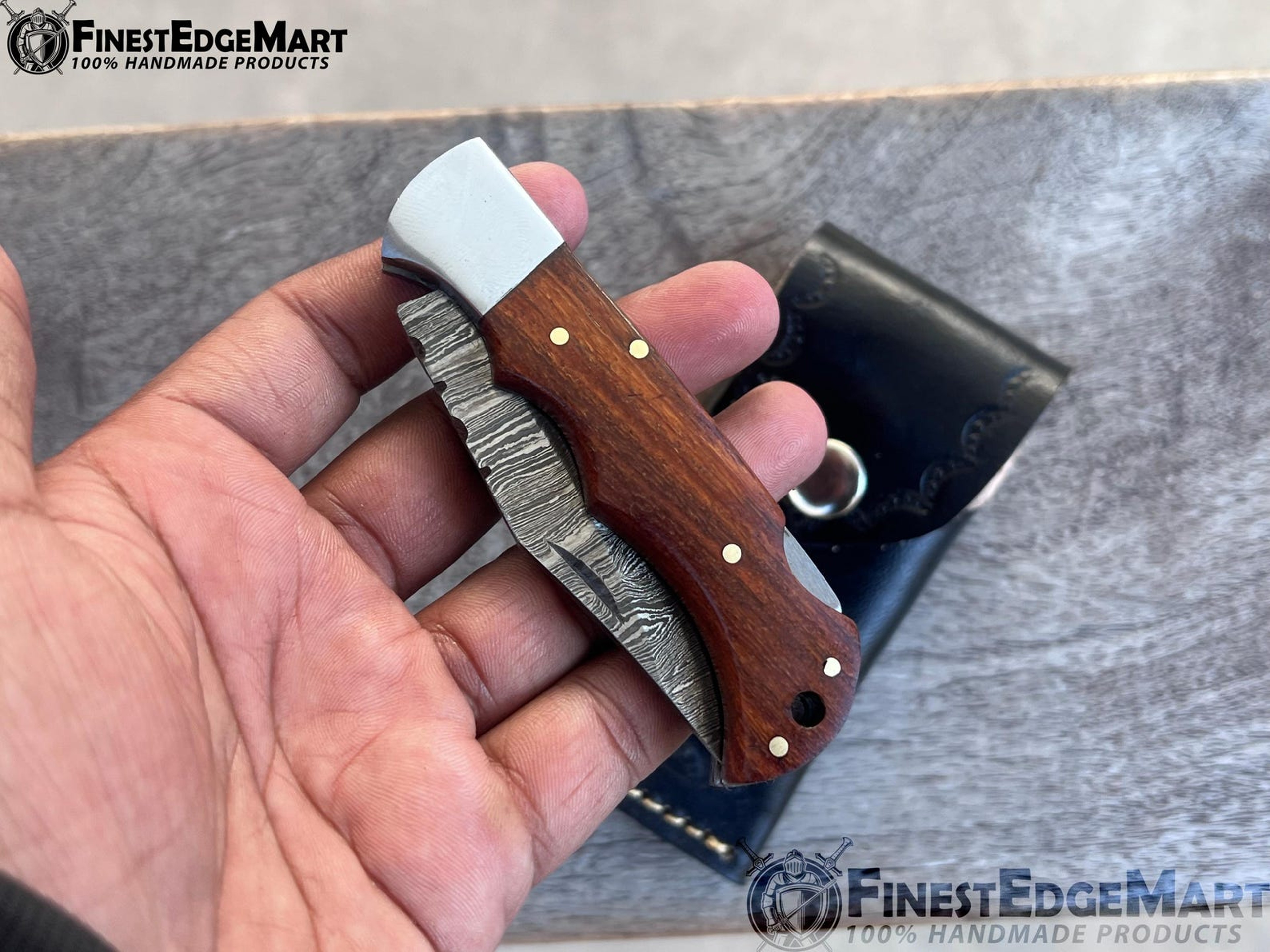 FinestHandmade Damascus Folding Knife With Rosewood Handle  Compact Collectible Pocket Knife For Ou