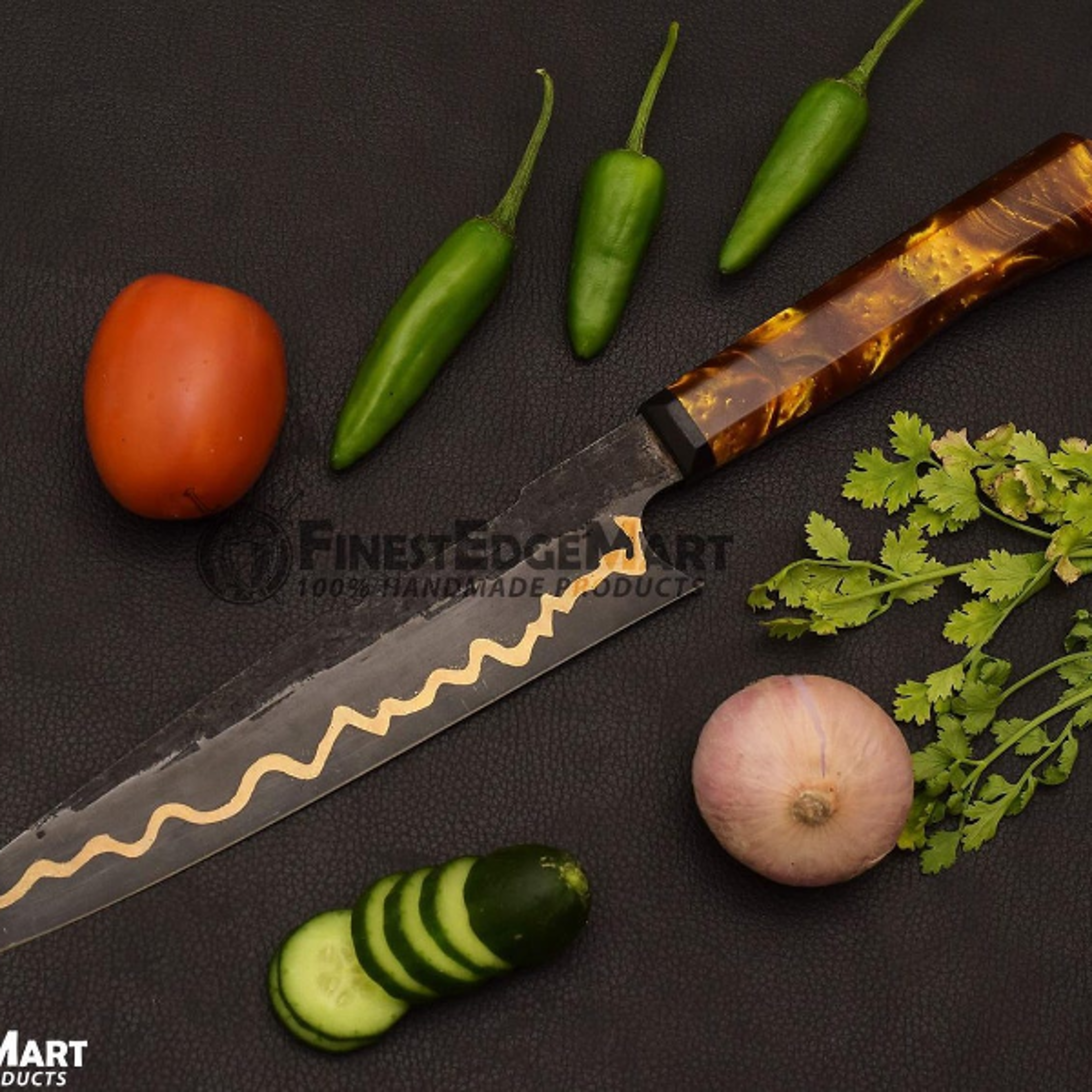 Handmade Copper Damascus Chef Knife Luxury Kitchen Blade With Resin Handle And Protective Sheath Gi
