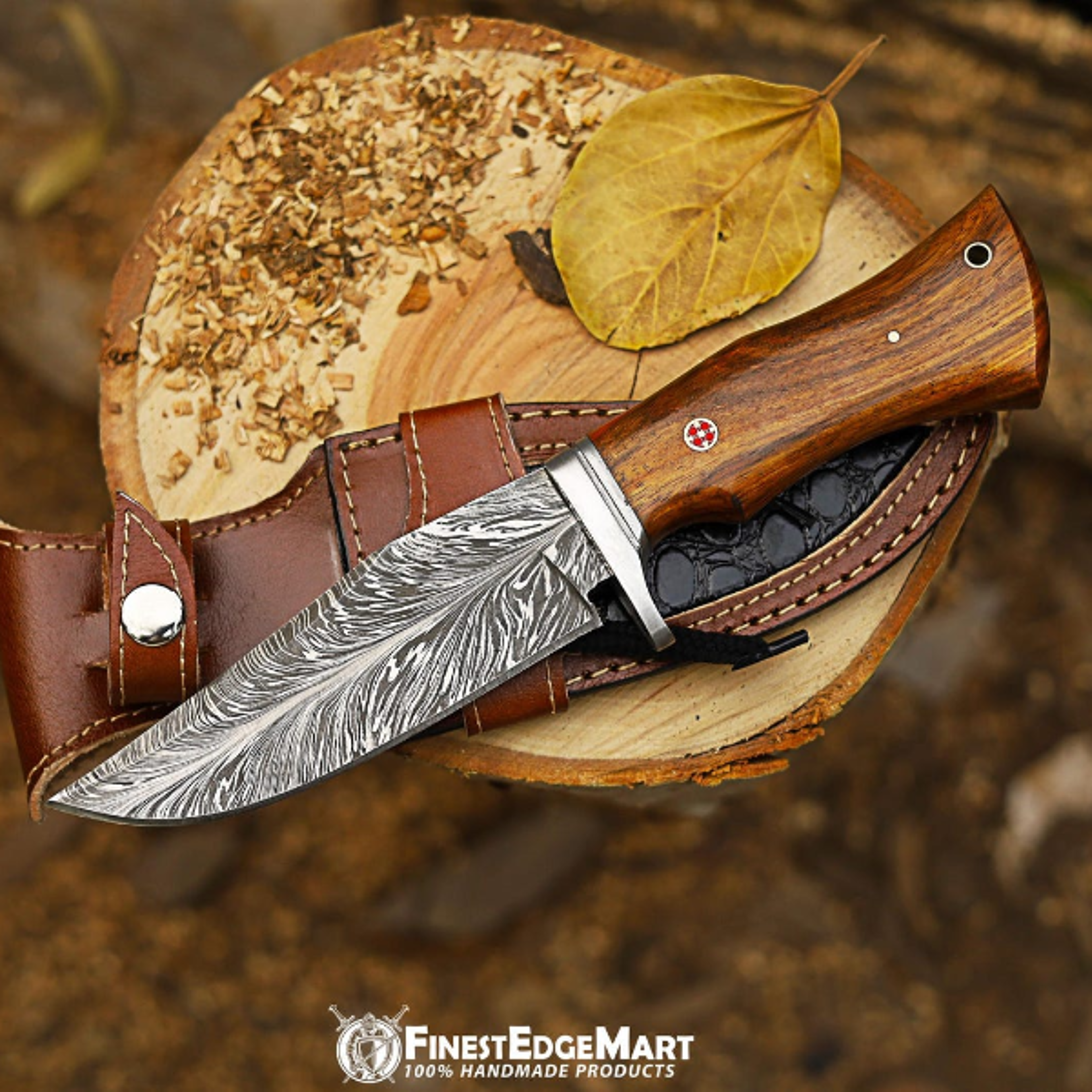 Premium Handmade Damascus Steel Bowie Knife With Leather Sheath  Perfect For Hunting Camping And Co