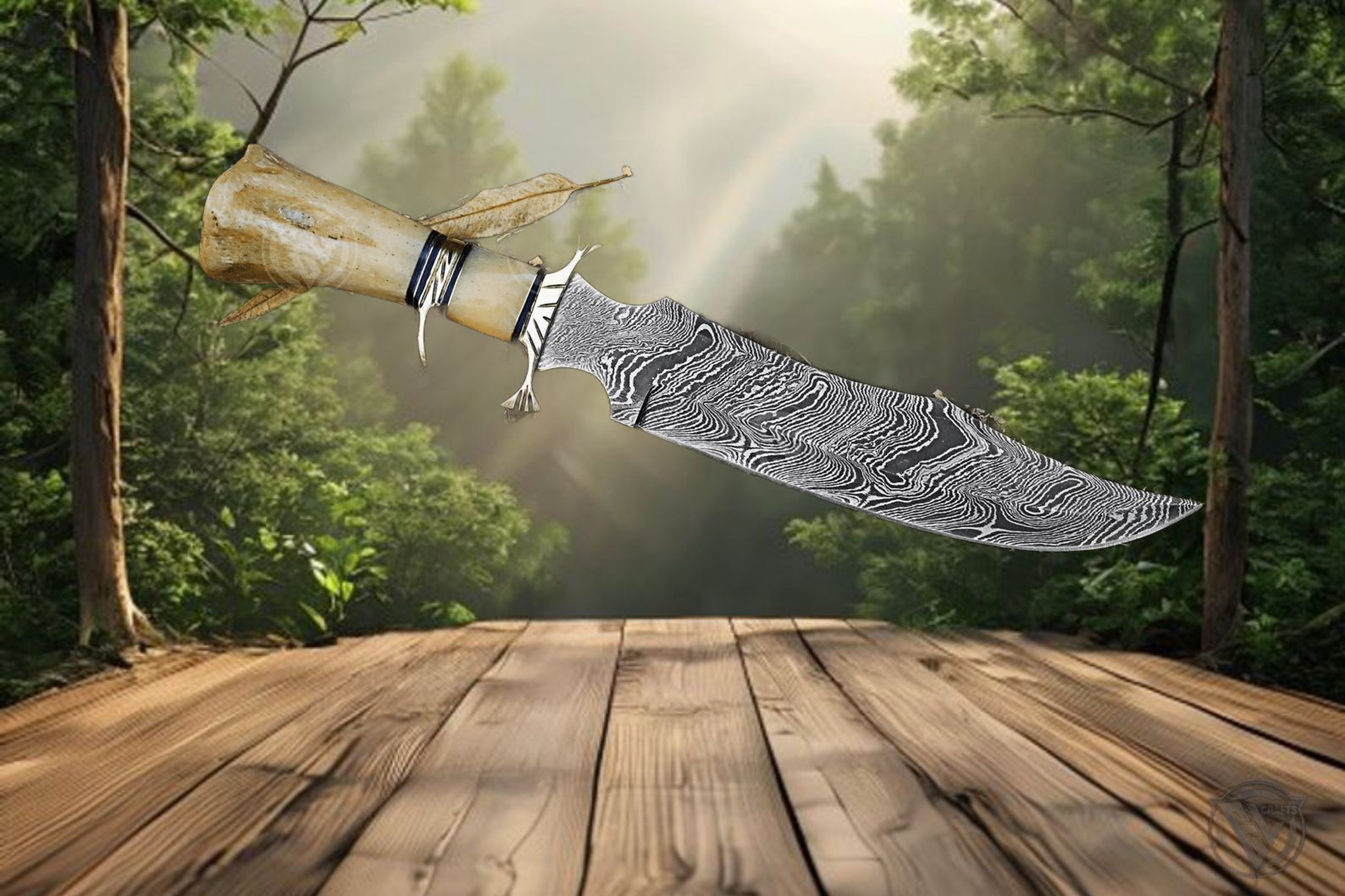 Unique Handcrafted Damascus Steel Bowie Knife With Camel Bone Handle And Leather Sheath  Perfect Fo