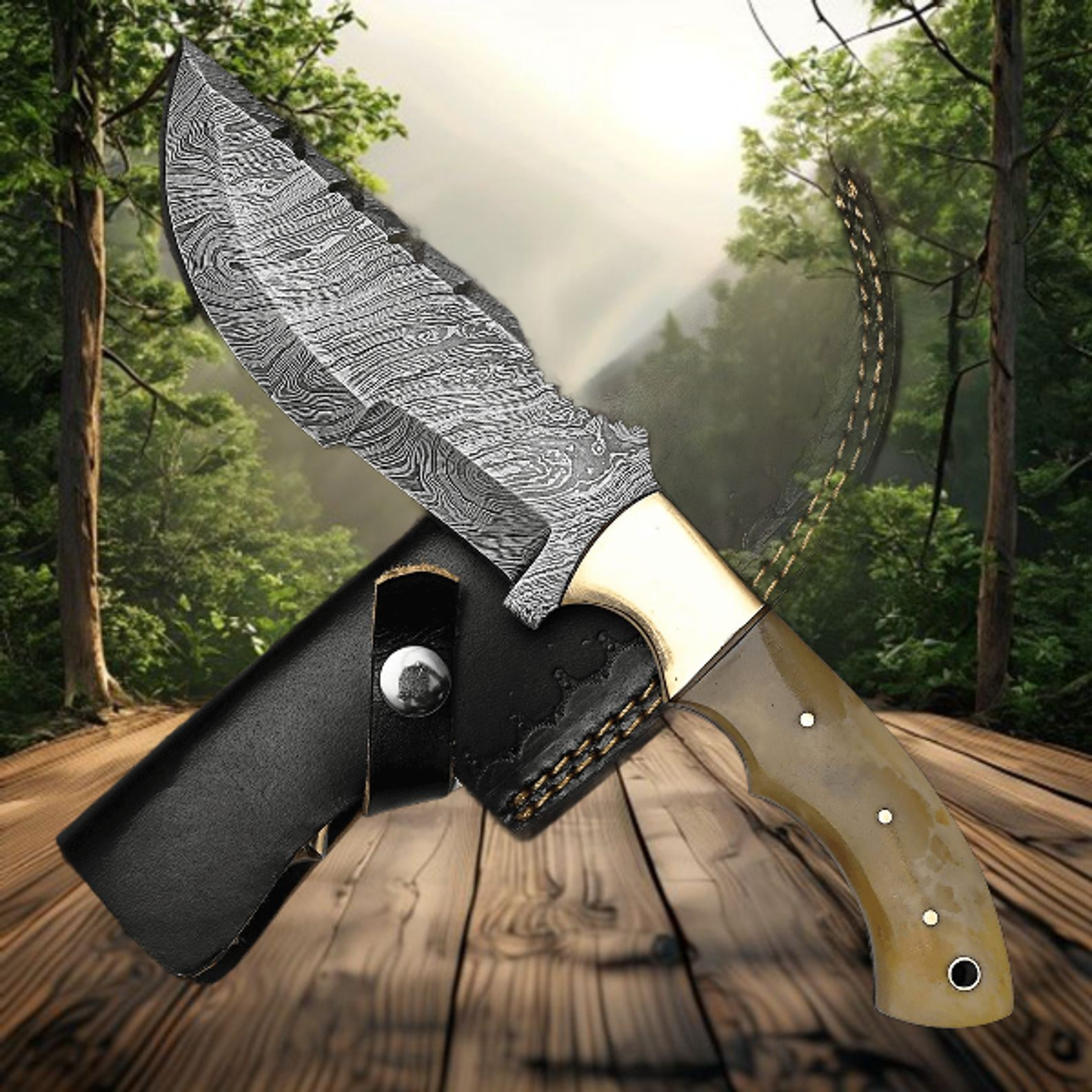Best Damascus Steel Tracker Knife With HandForged D2 Blade And Camel Bone Handle For Camping Huntin
