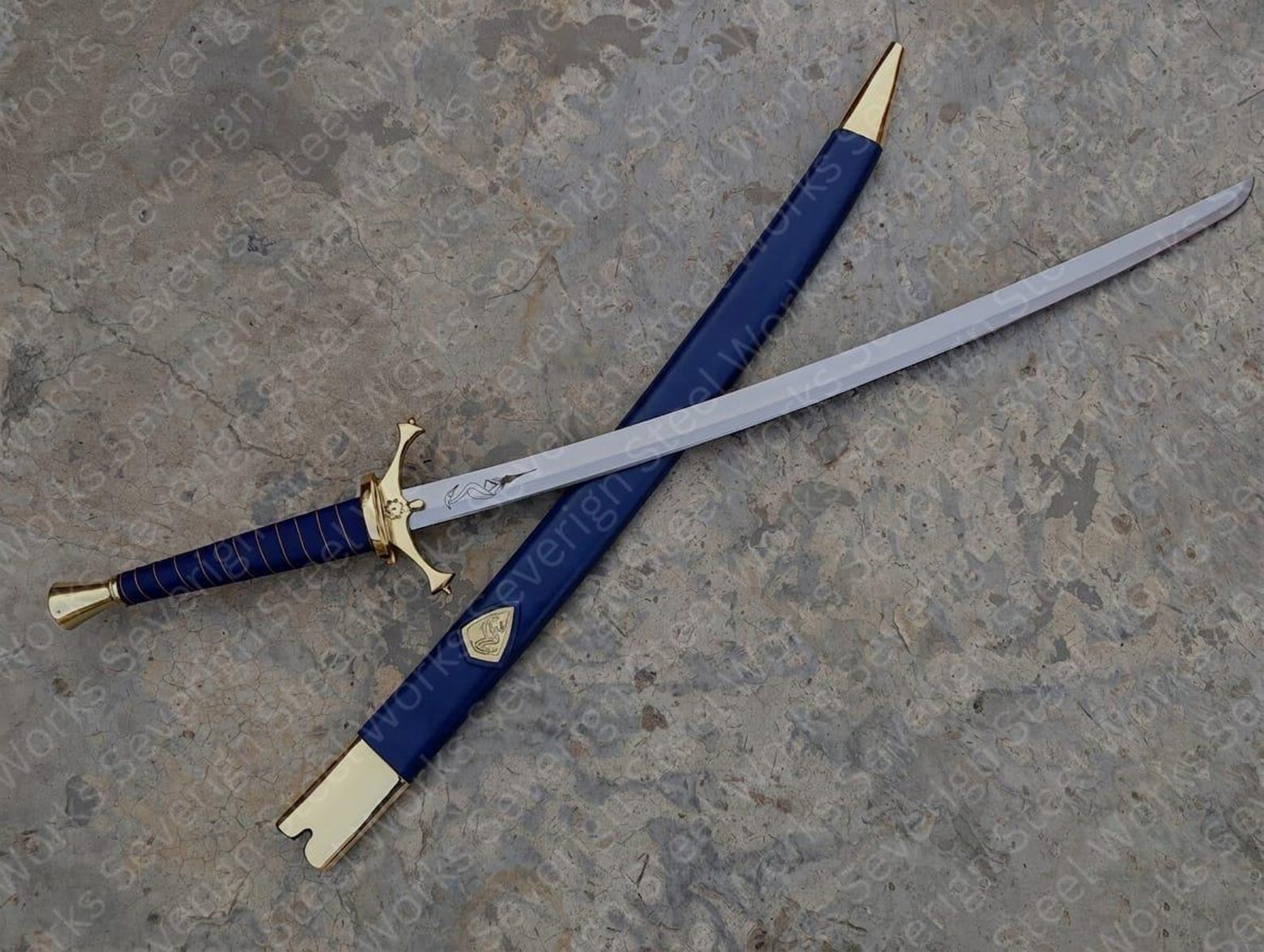 Heron Emblem Fantasy Sword 42 1065 High Carbon Steel Collector Replica With Blue Scabbard 3