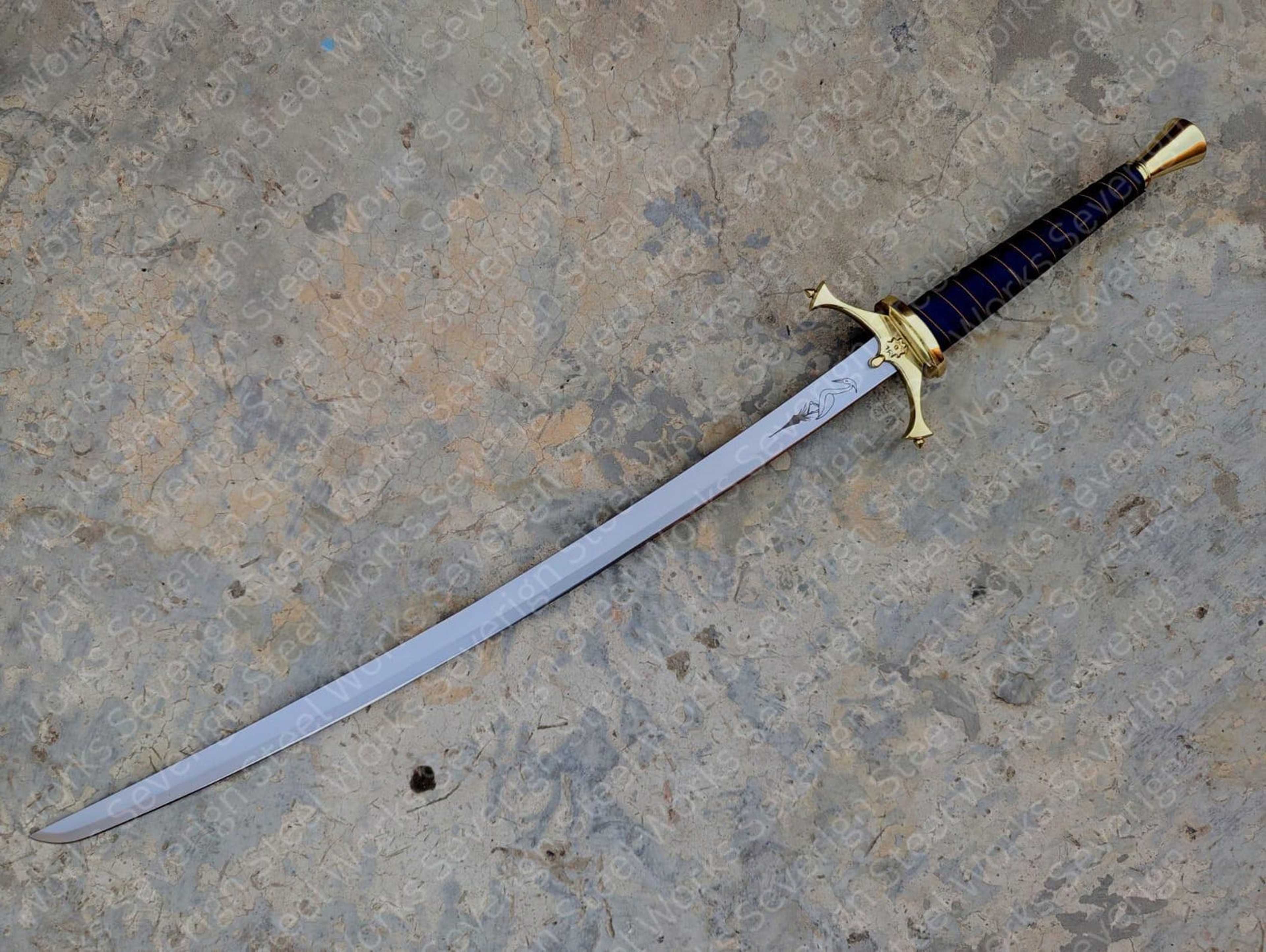 Heron Emblem Fantasy Sword 42 1065 High Carbon Steel Collector Replica With Blue Scabbard 7