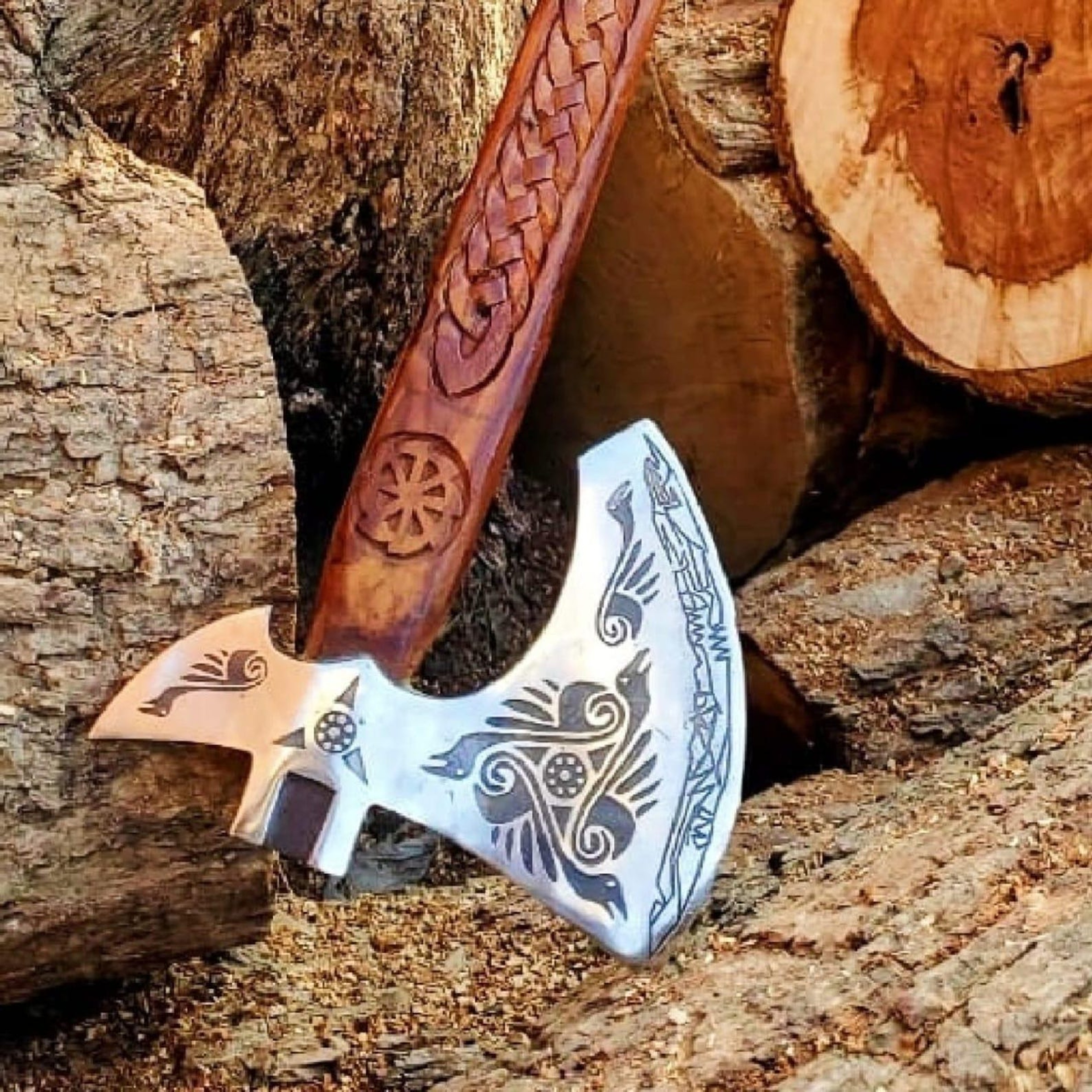 5160 Carbon Steel Viking Raven Collectible Handcrafted DoubleHeaded Norse Decor With Ash Wood 8