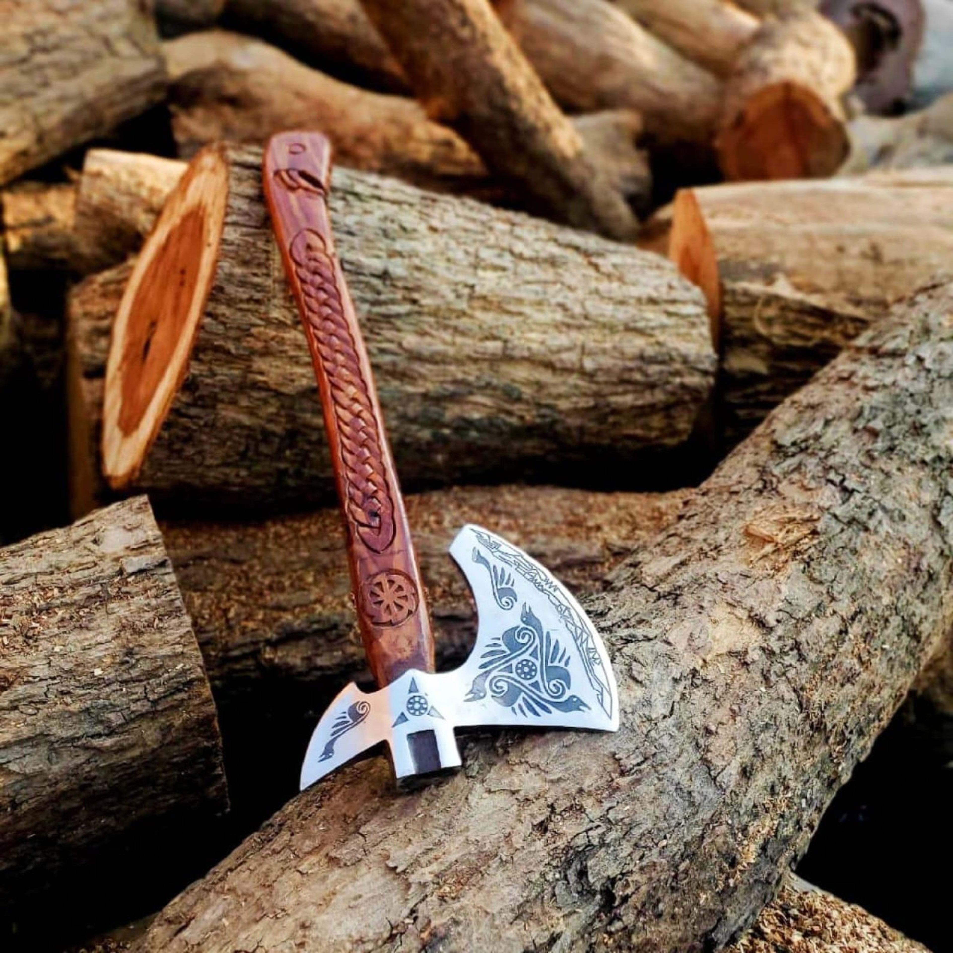 5160 Carbon Steel Viking Raven Collectible Handcrafted DoubleHeaded Norse Decor With Ash Wood 3