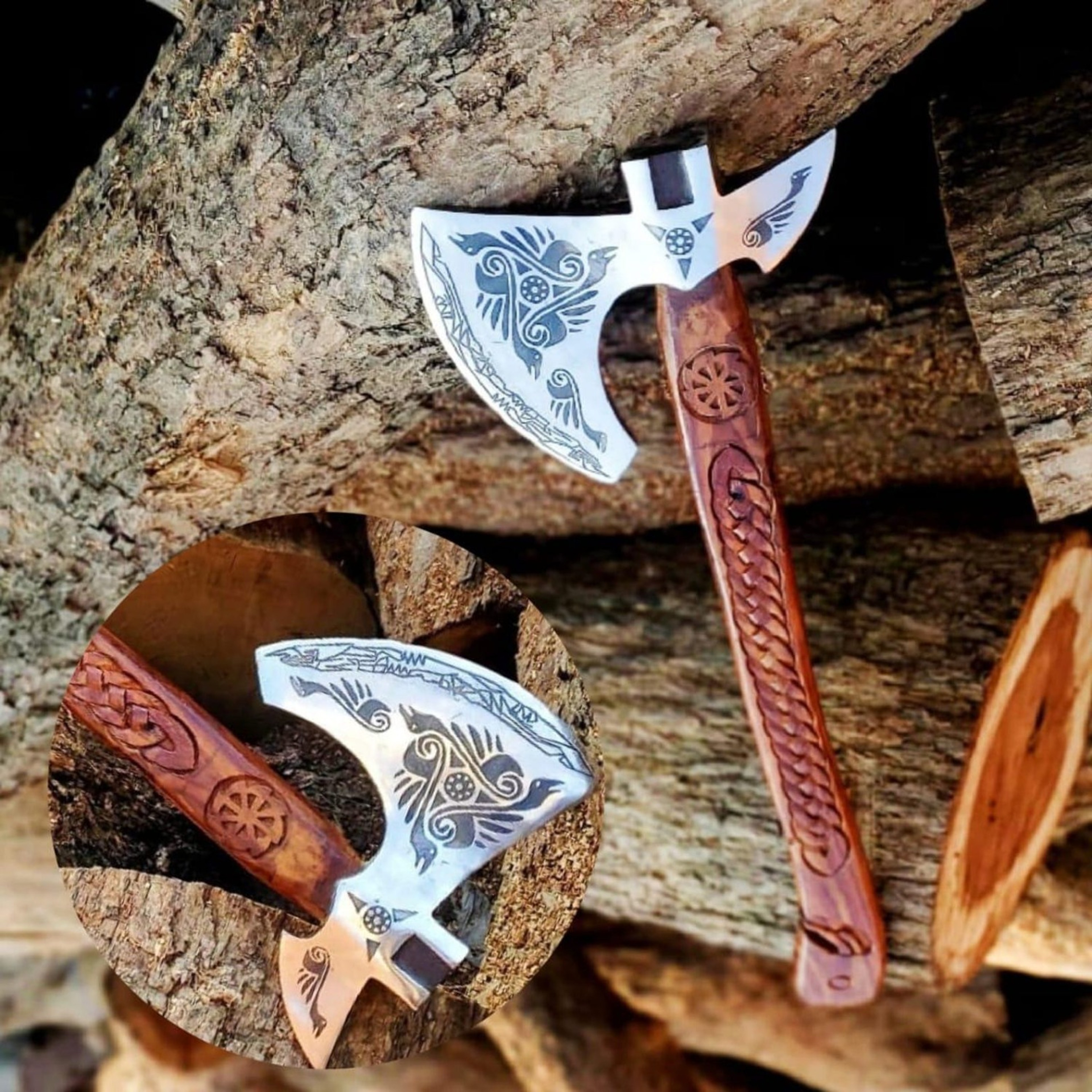 5160 Carbon Steel Viking Raven Collectible Handcrafted DoubleHeaded Norse Decor With Ash Wood 0jpg