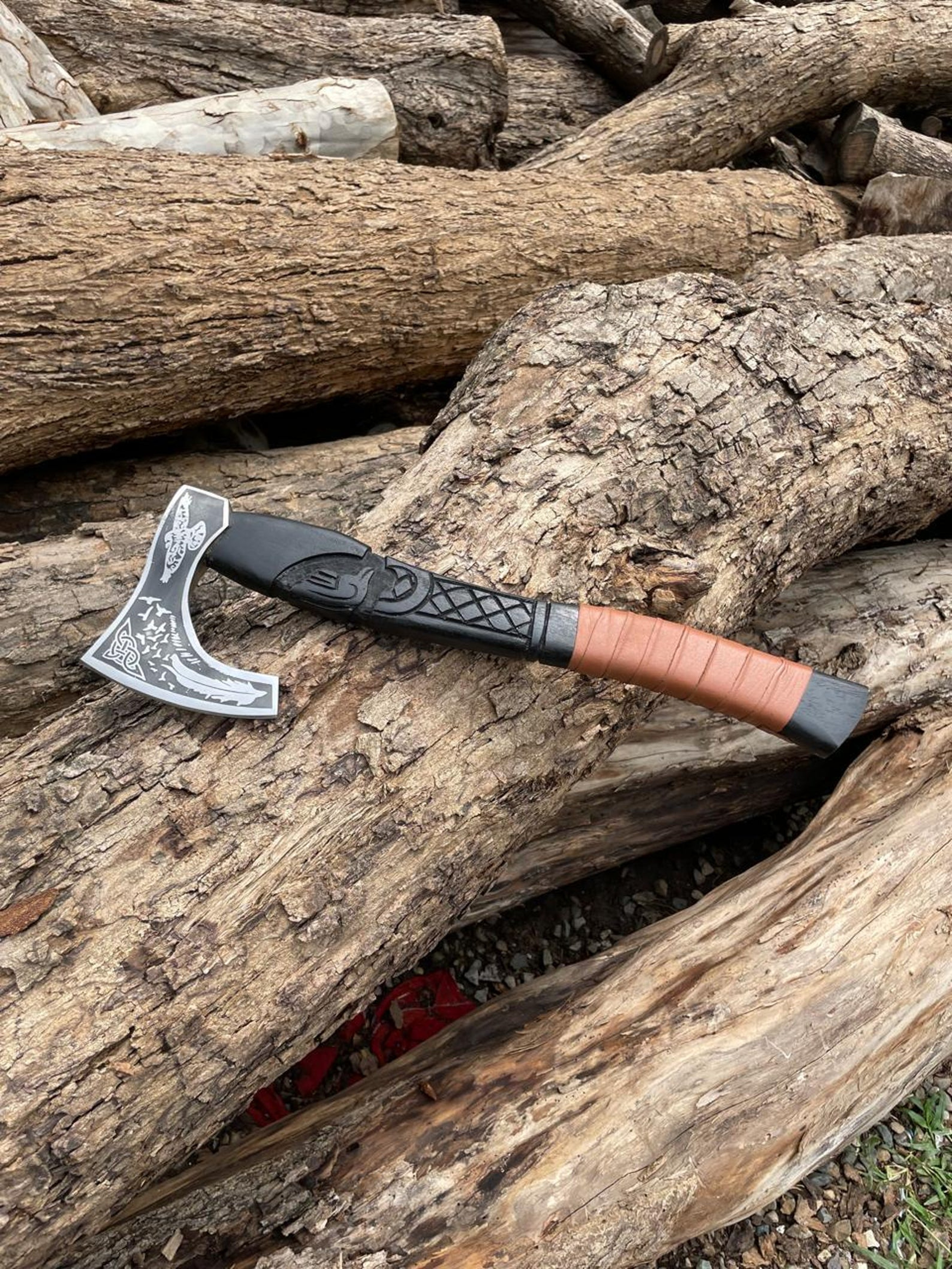5160 Carbon Steel Viking Raven Collectible Handcrafted Norse Decor With Leather Wrapped Hardwo 7