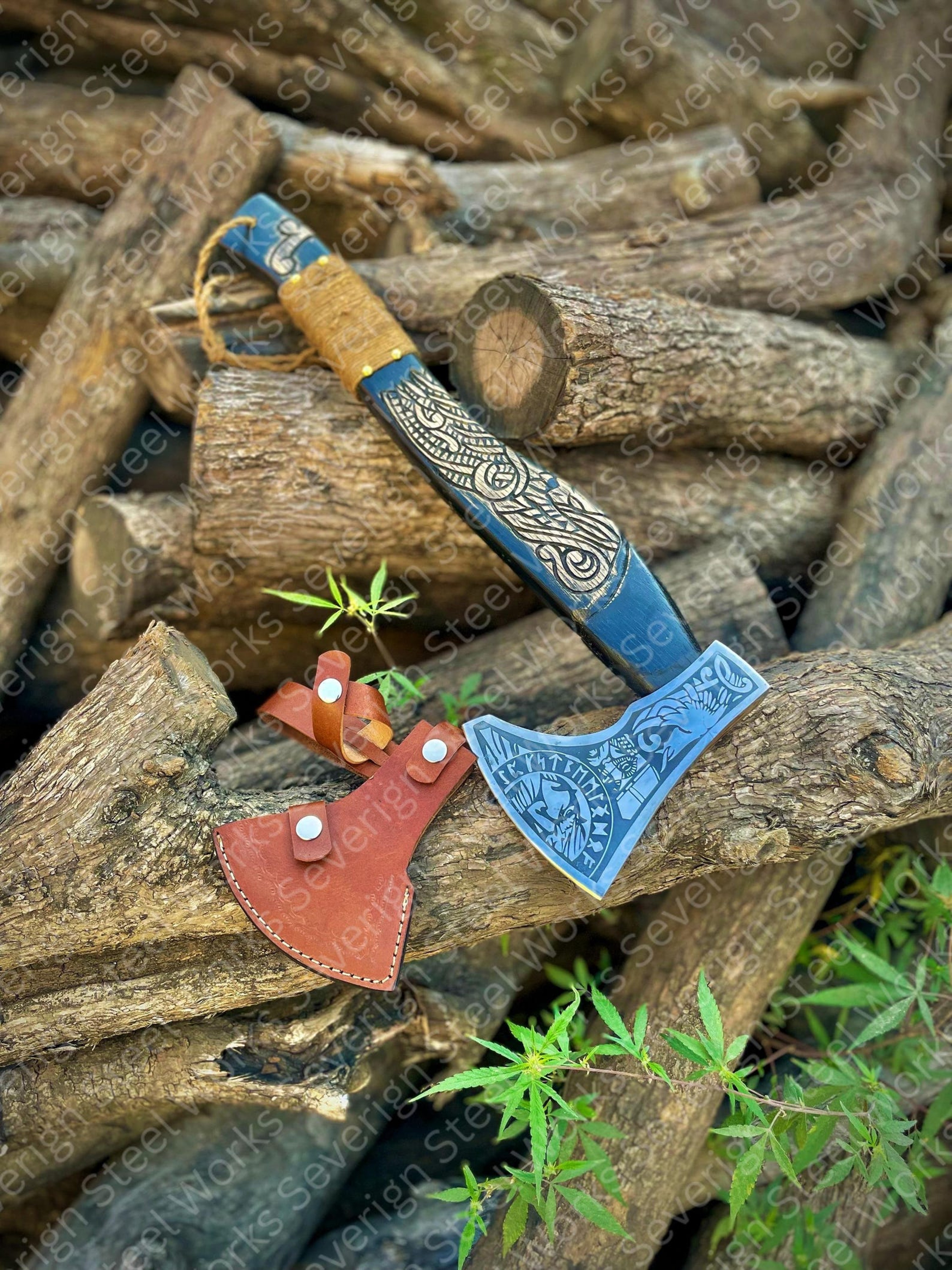 Handmade Viking Hatchet High Carbon Steel Rosewood Handle Acid Etched Blade Leather Sheath Au 2