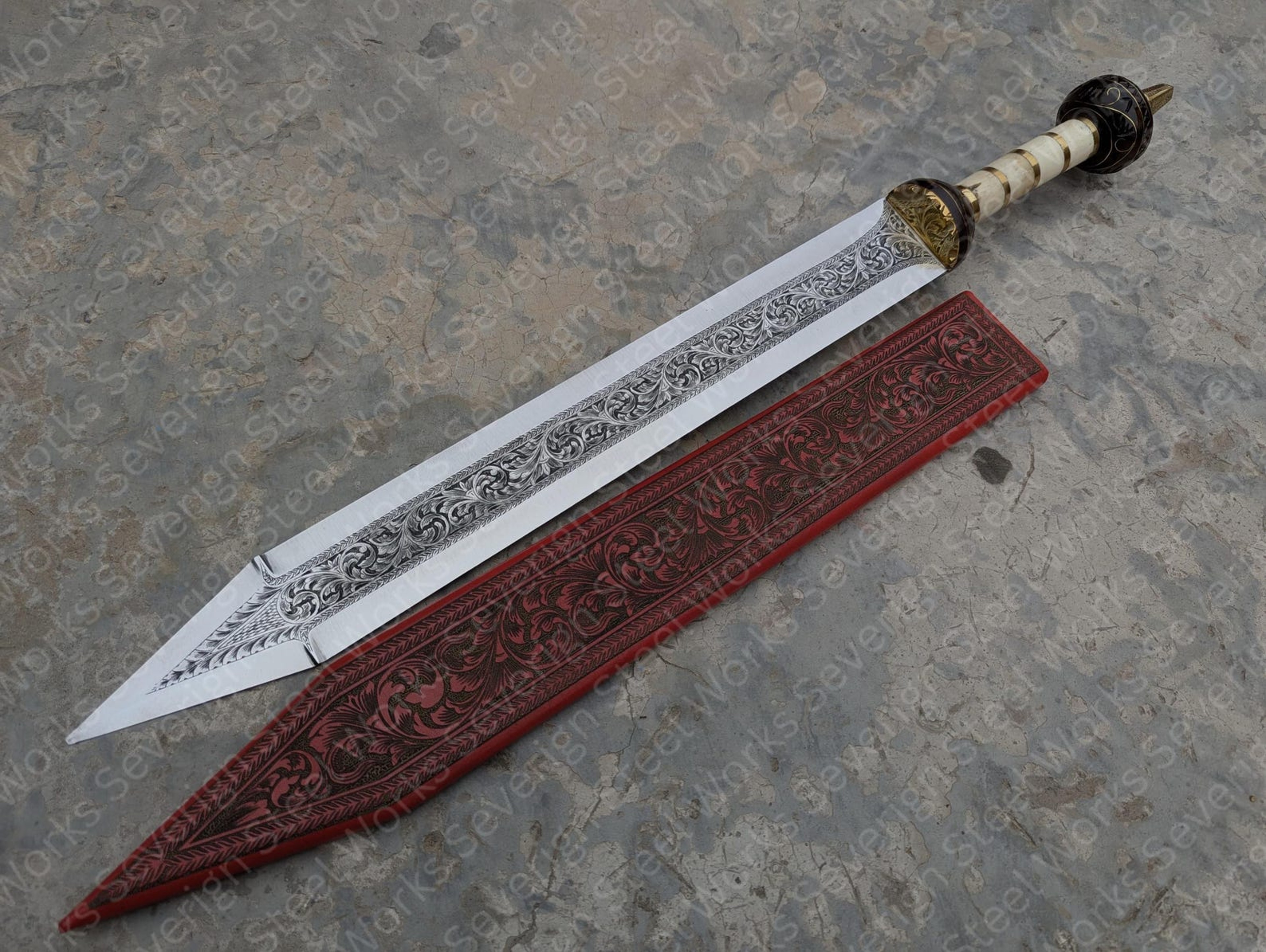 Authentic Roman Gladius Sword 1095 Carbon Steel HandEngraved Blade Leather Scabbard Collector 4