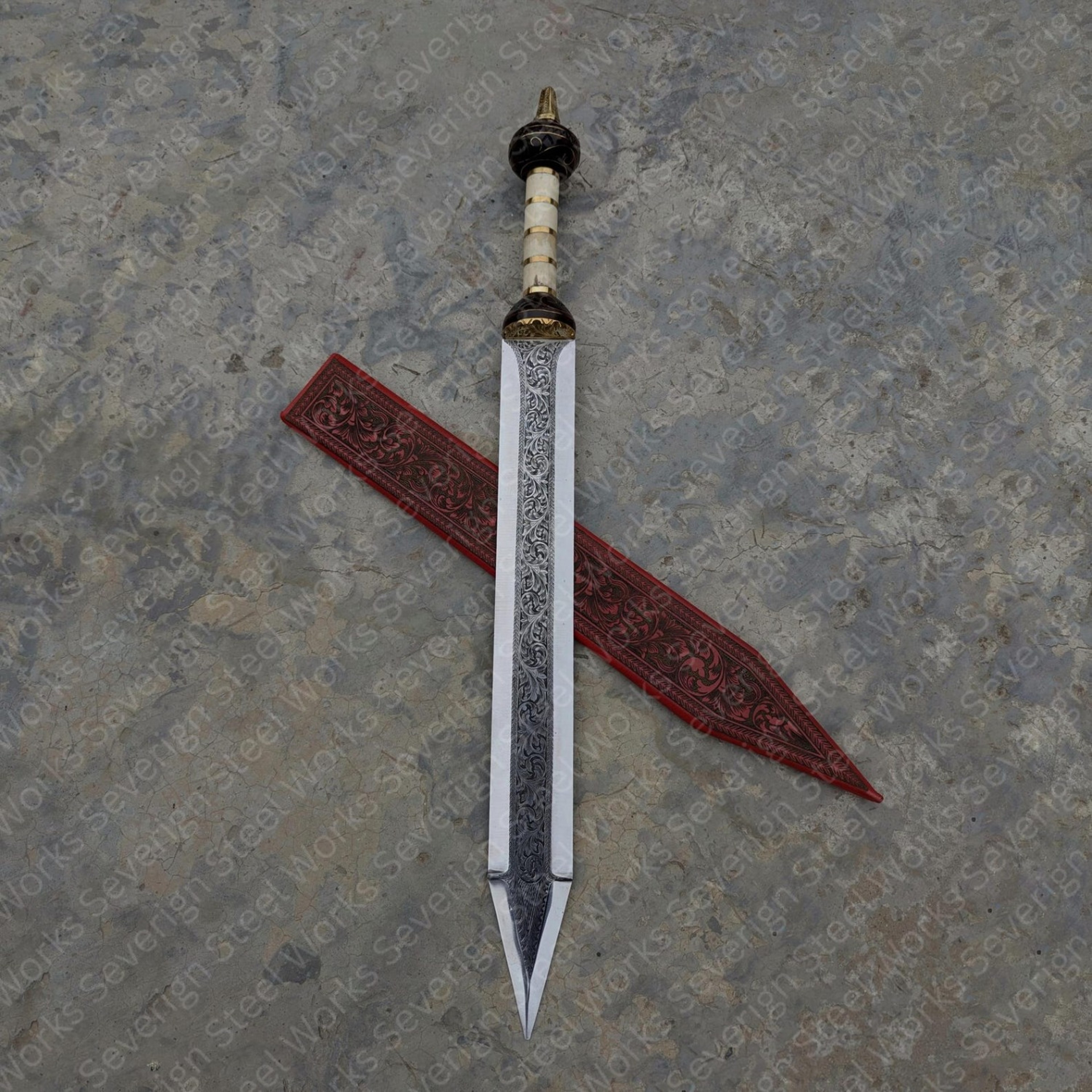 Authentic Roman Gladius Sword 1095 Carbon Steel HandEngraved Blade Leather Scabbard Collector 0jpg