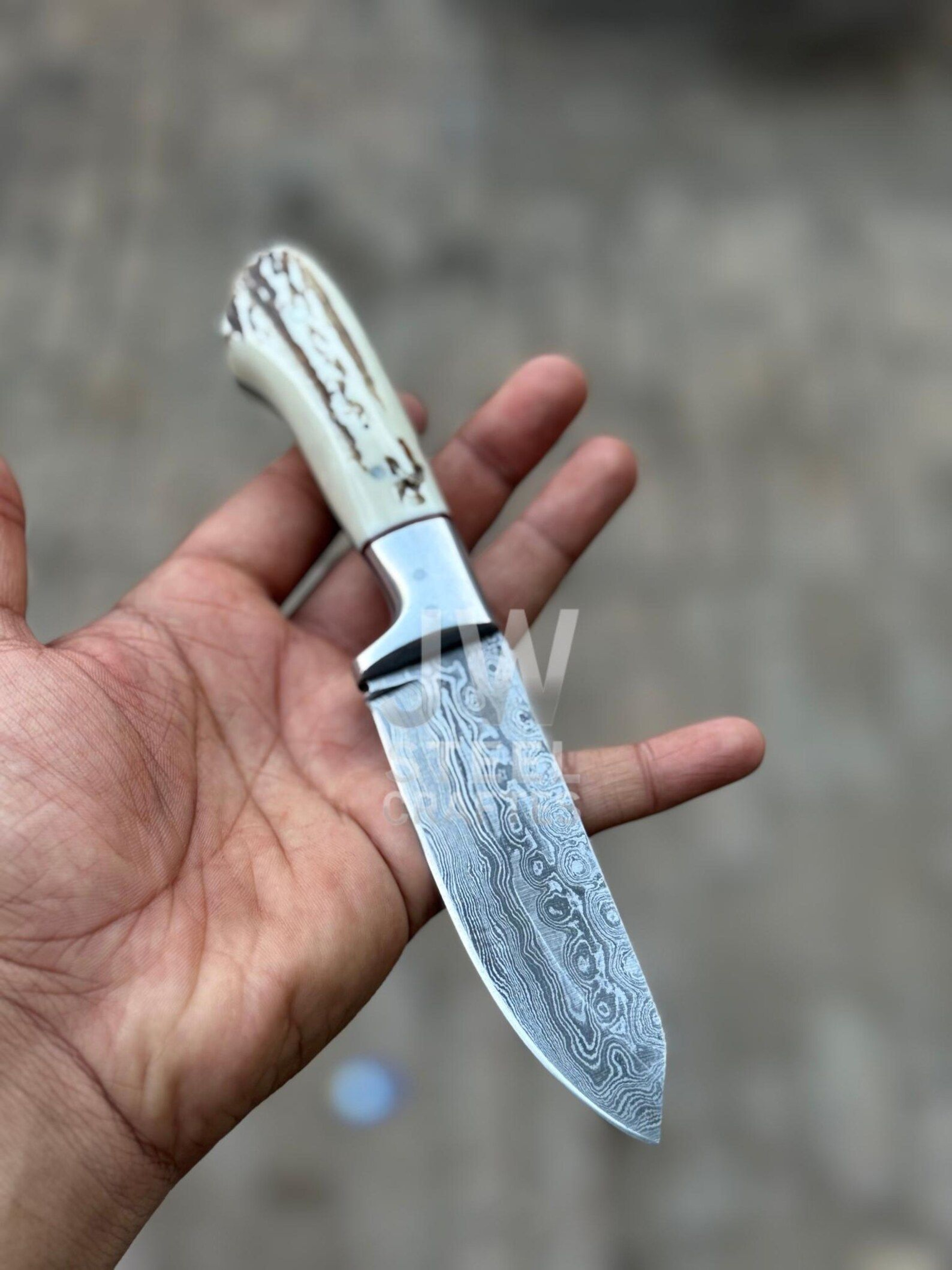 Handmade Damascus Steel Skinner Knife With Exotic Antler  Hardwood Handle Unique Leather Sheat 3