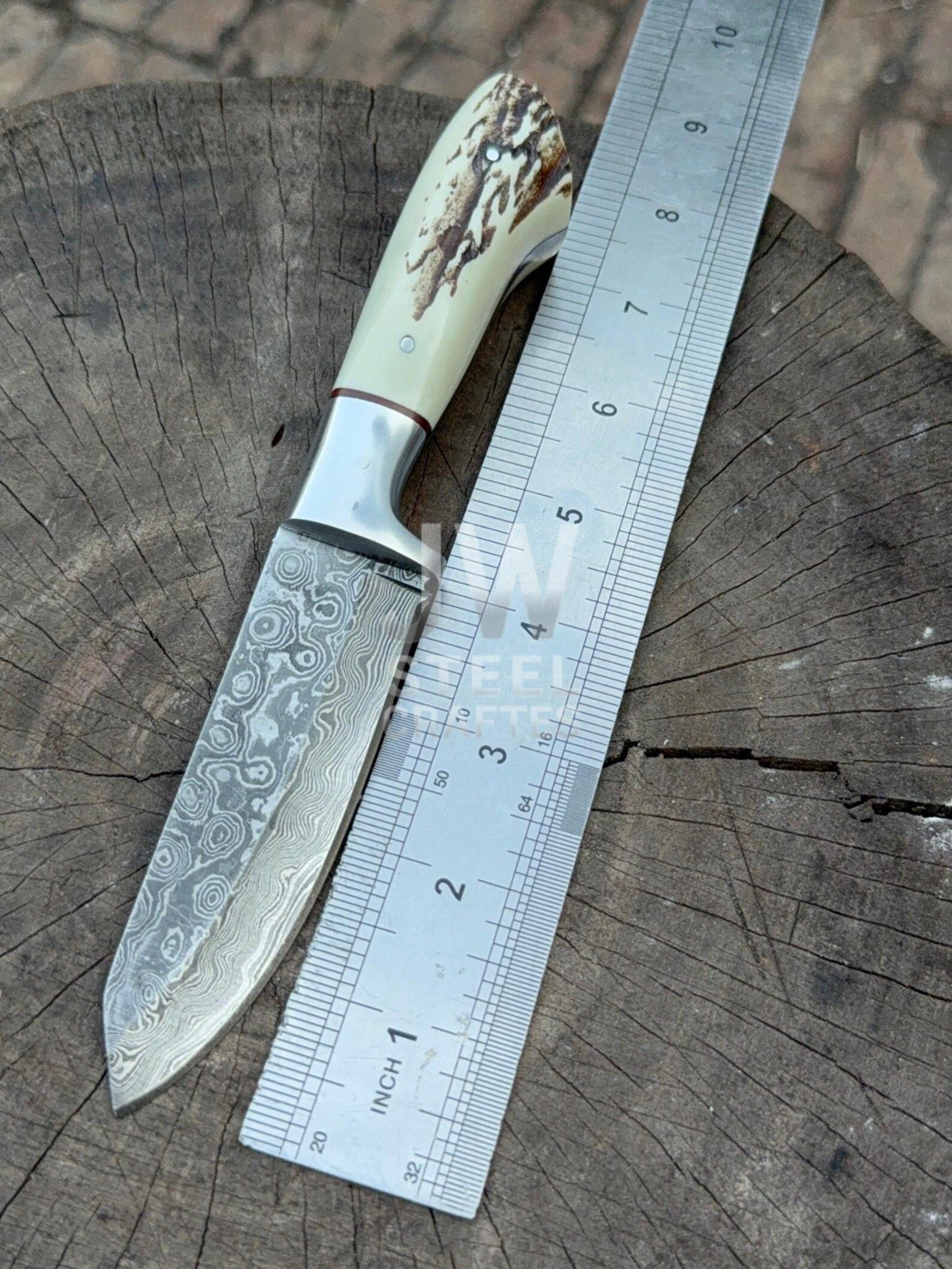 Handmade Damascus Steel Skinner Knife With Exotic Antler  Hardwood Handle Unique Leather Sheat 4