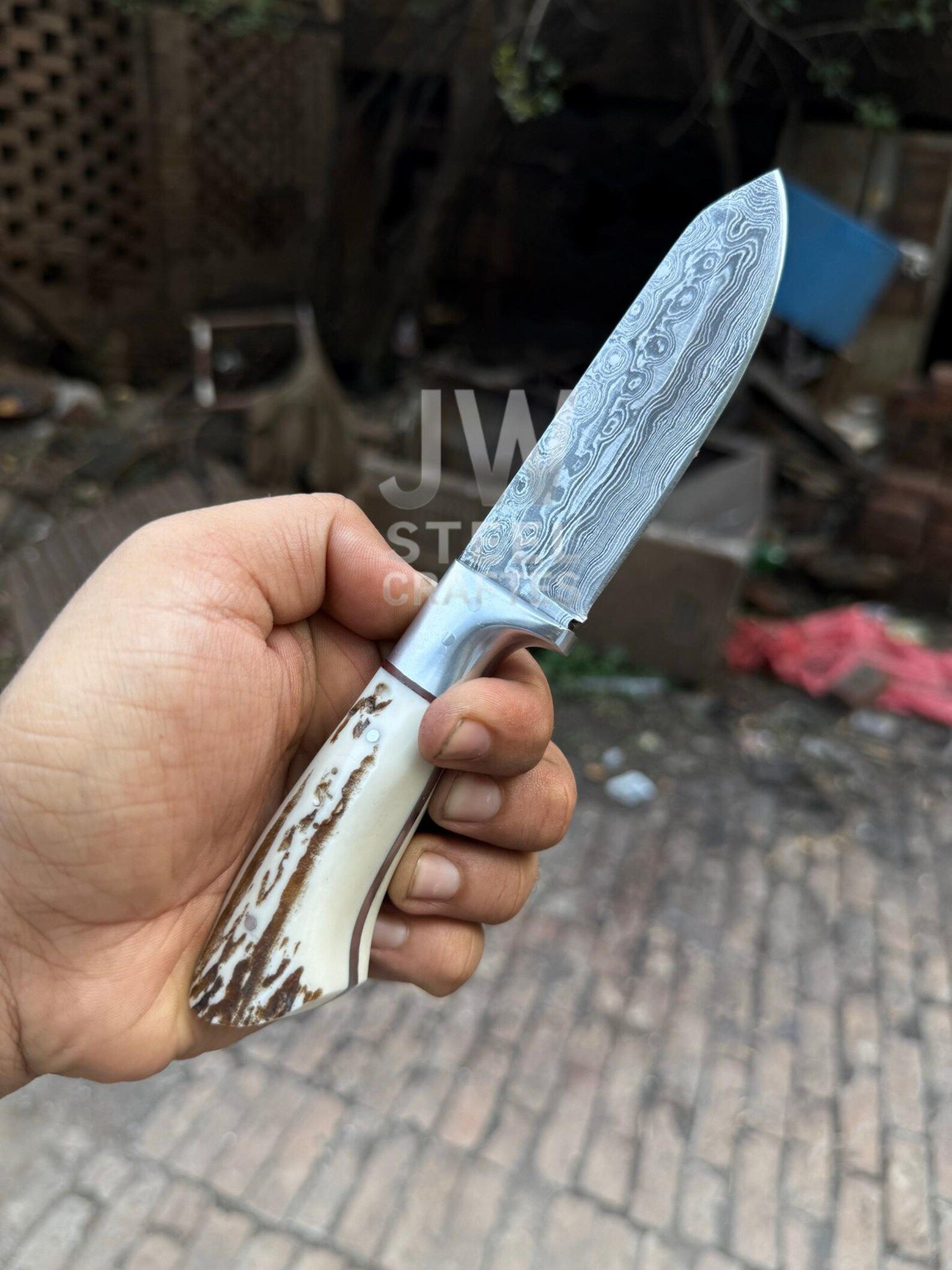 Handmade Damascus Steel Skinner Knife With Exotic Antler  Hardwood Handle Unique Leather Sheat 7