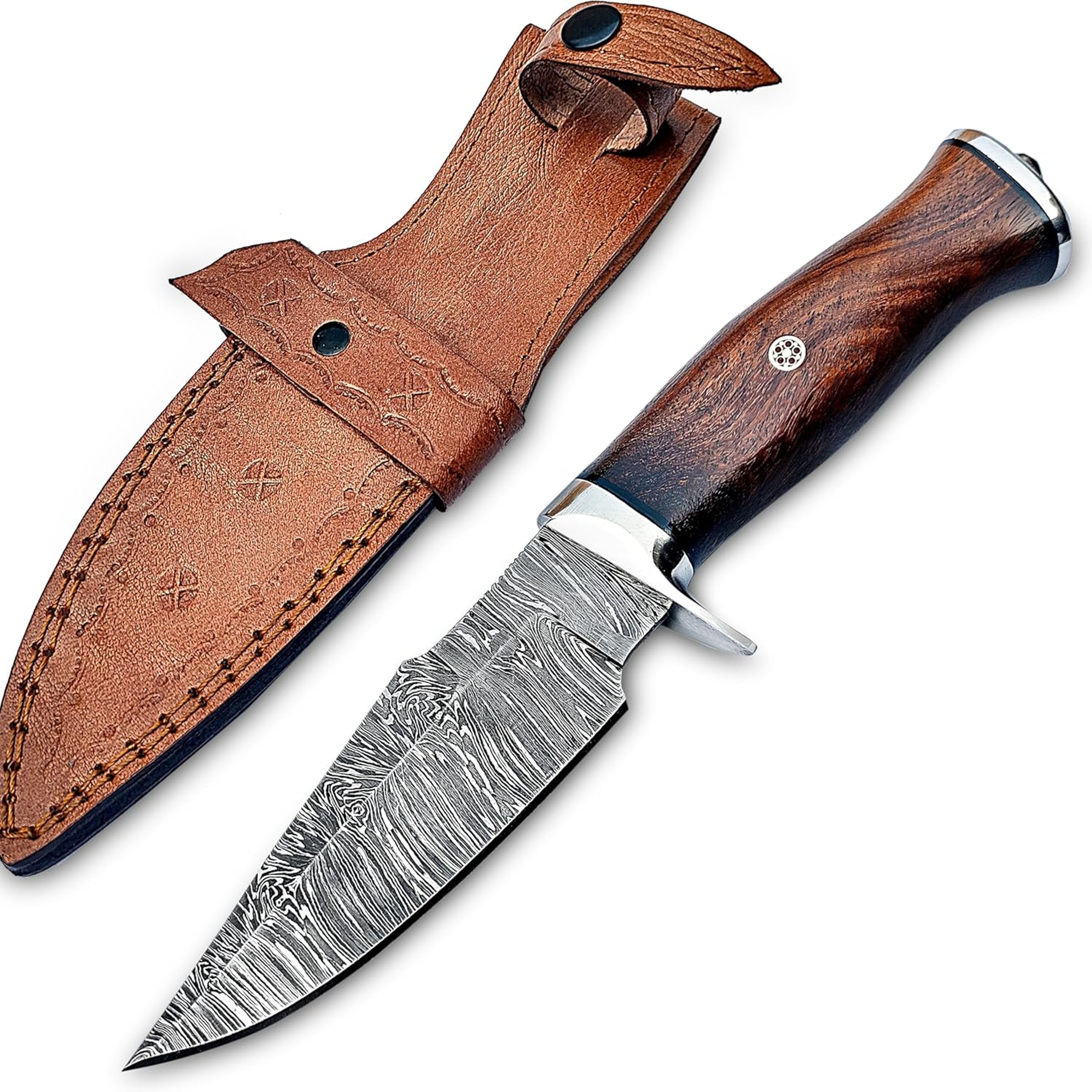 Damascus Hunting Knife Fixed Blade  10 Inches Handmade Knife With Leather Sheath And Wood Handle  P 0