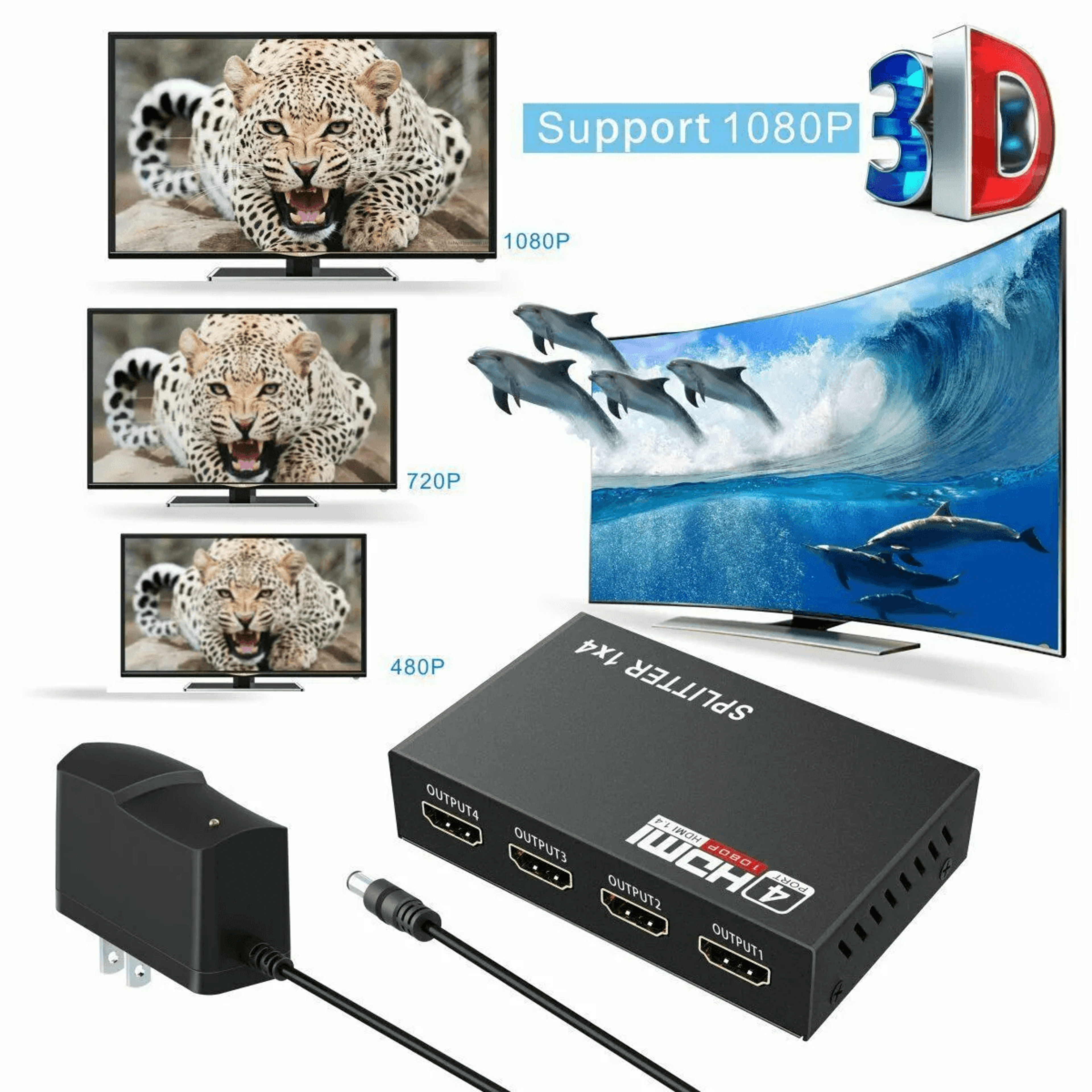 4 Port HDMI 4K Hub Multi Splitter  Amplifier 1 In 4 Out  Supports 3D HD 1080P For HDTV Monitor PS3  0