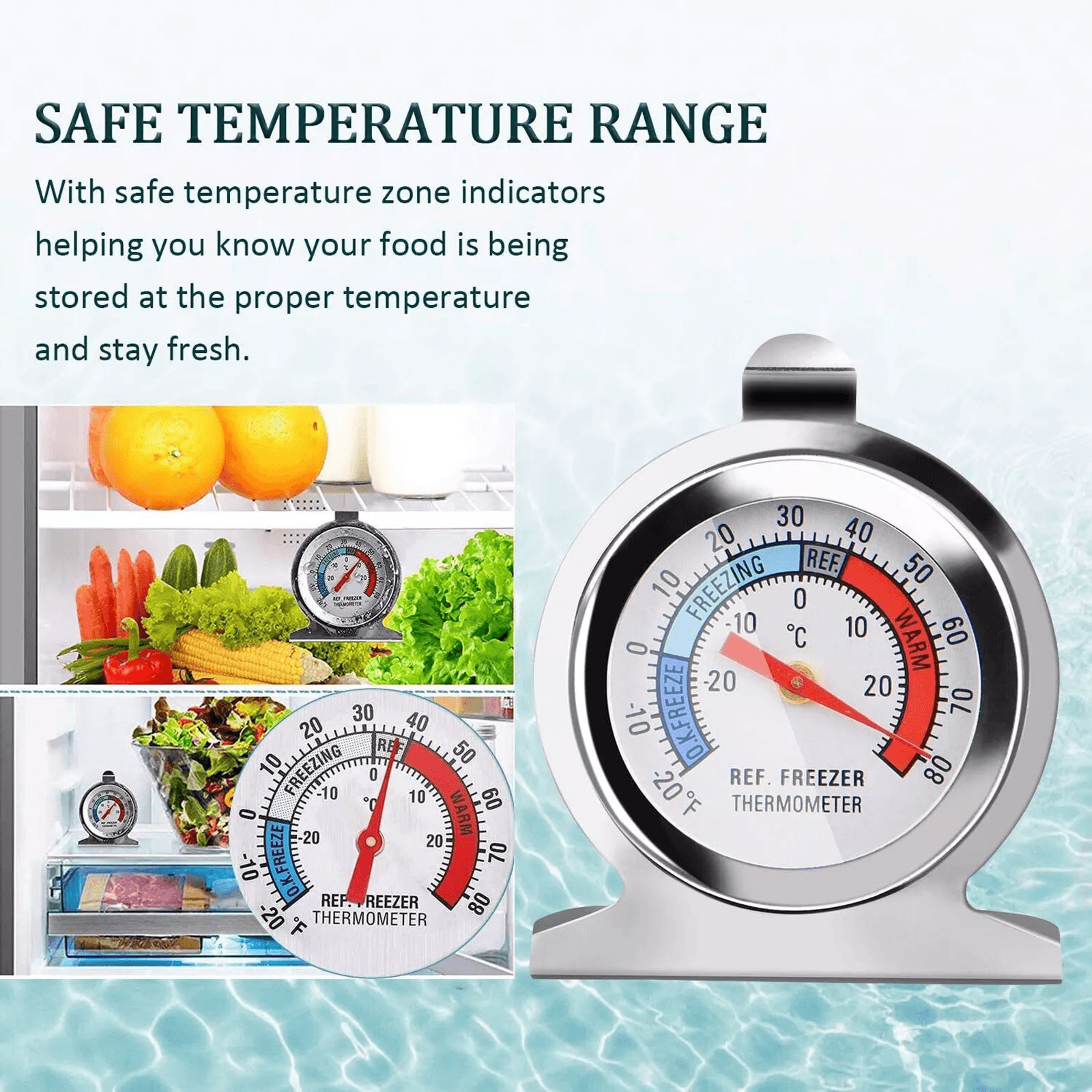 Stainless Steel Refrigerator Freezer Thermometer Dial Type Fridge Temperature Gauge With Hang Stand 2