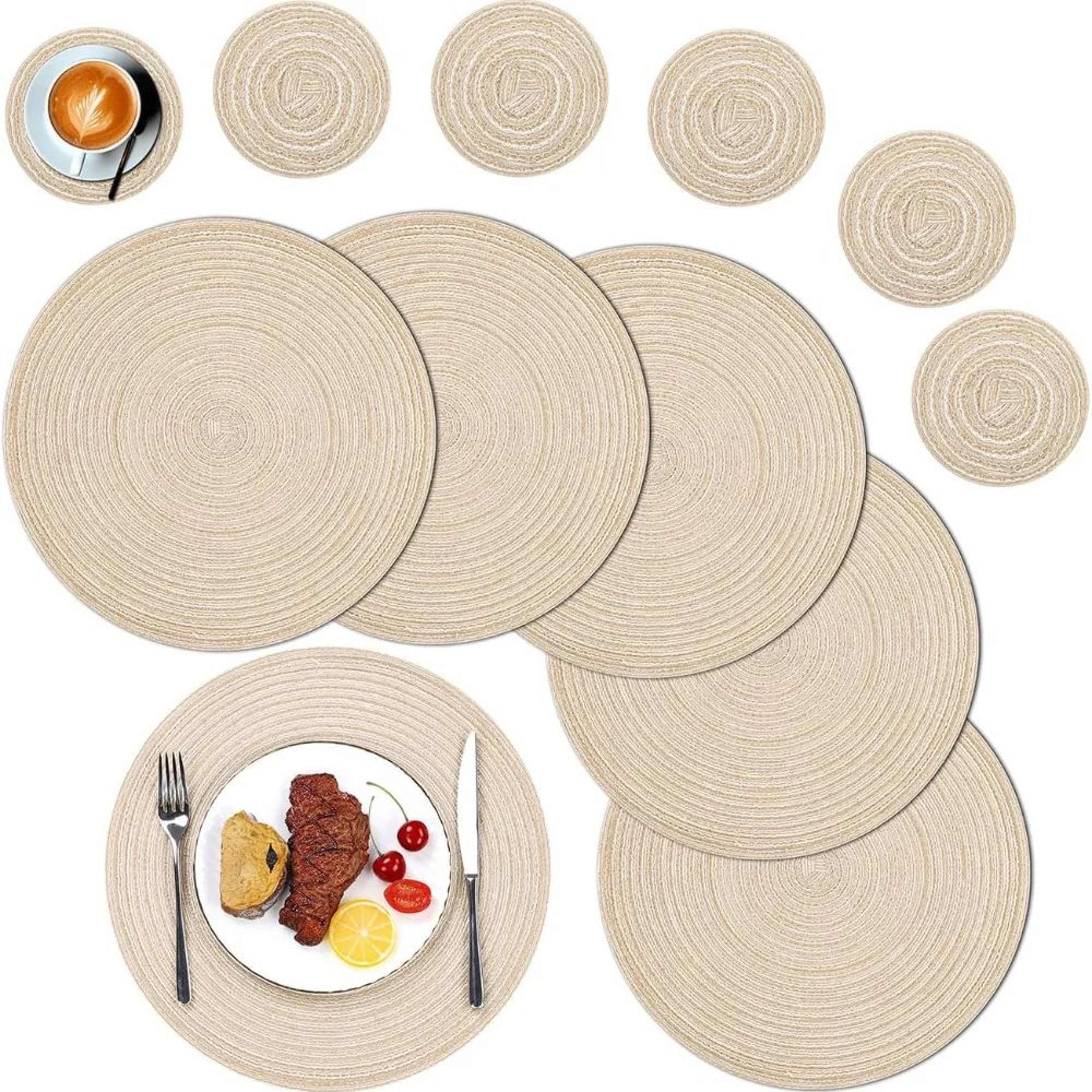 Set Of 6 Round Placemats And Coasters Braided Woven Table Mats Washable Heat Resistant For Dining K 0