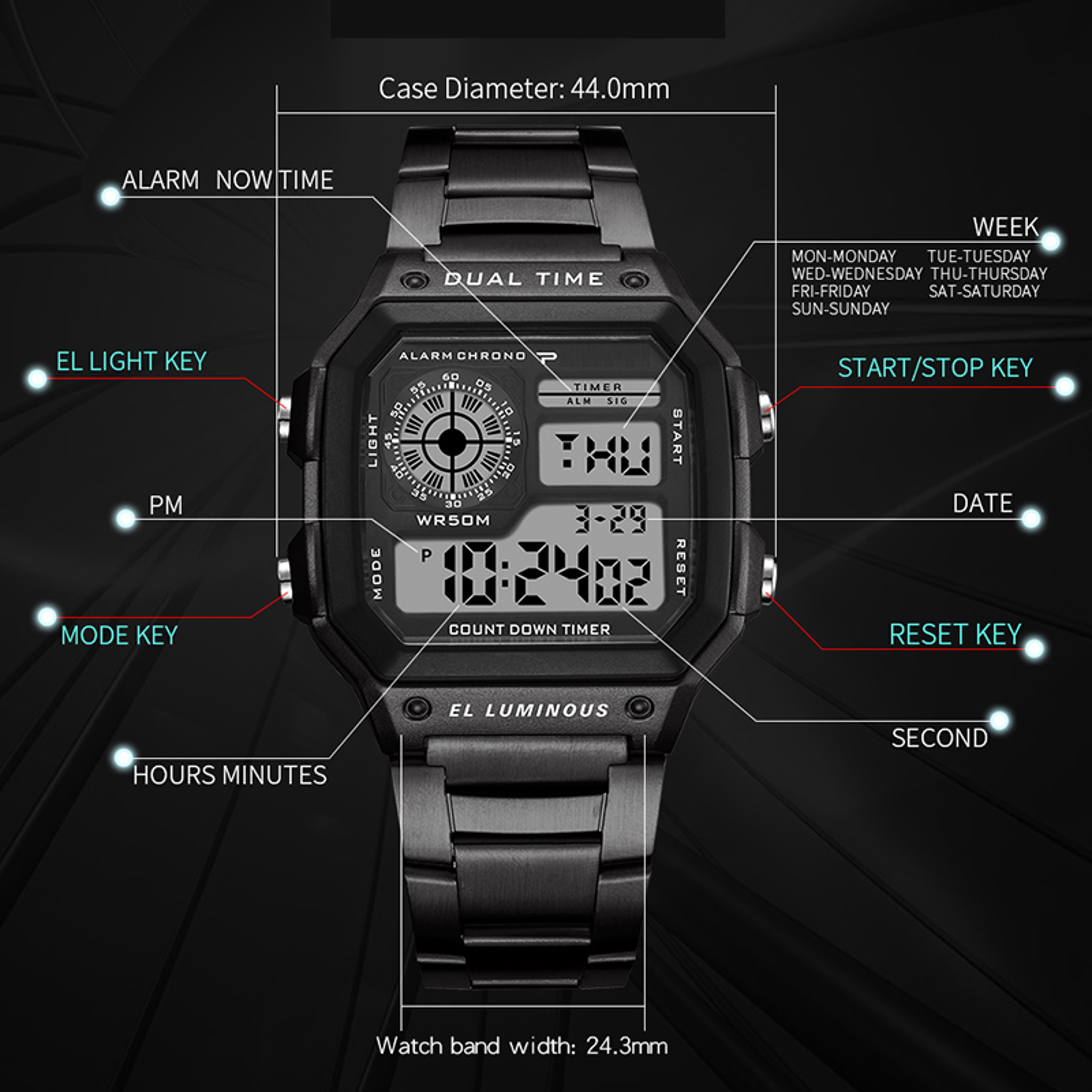 Men Digital Watch Stainless Steel Strap, Waterproof Countdown Sport Watches, LED Electronic Wristwatch for Gift – view 7