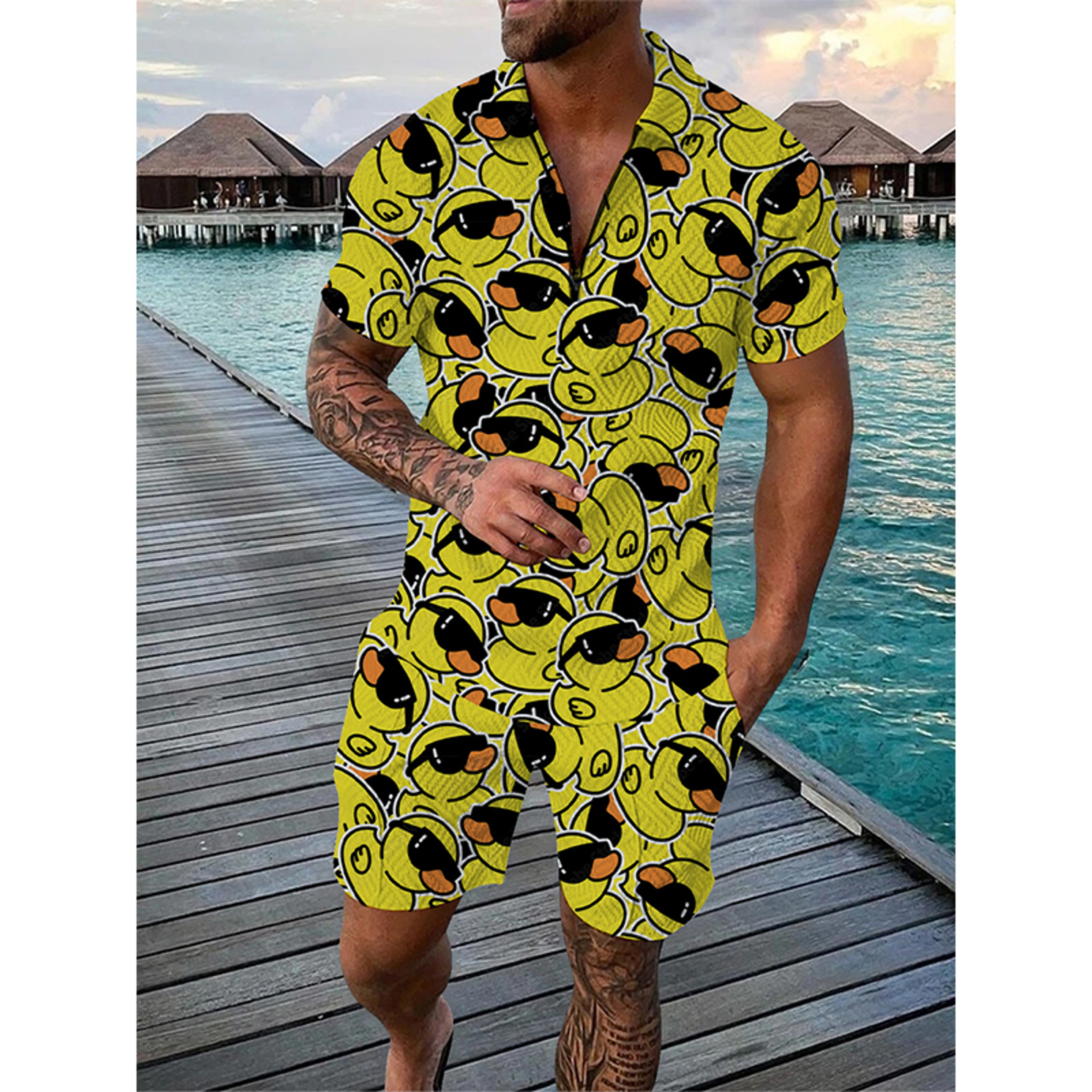 Summer Men Tracksuit Set Duck Panda 3D Print Oversized Streetwear Short Sleeve Zipper Polo Shirt & Shorts – view 3