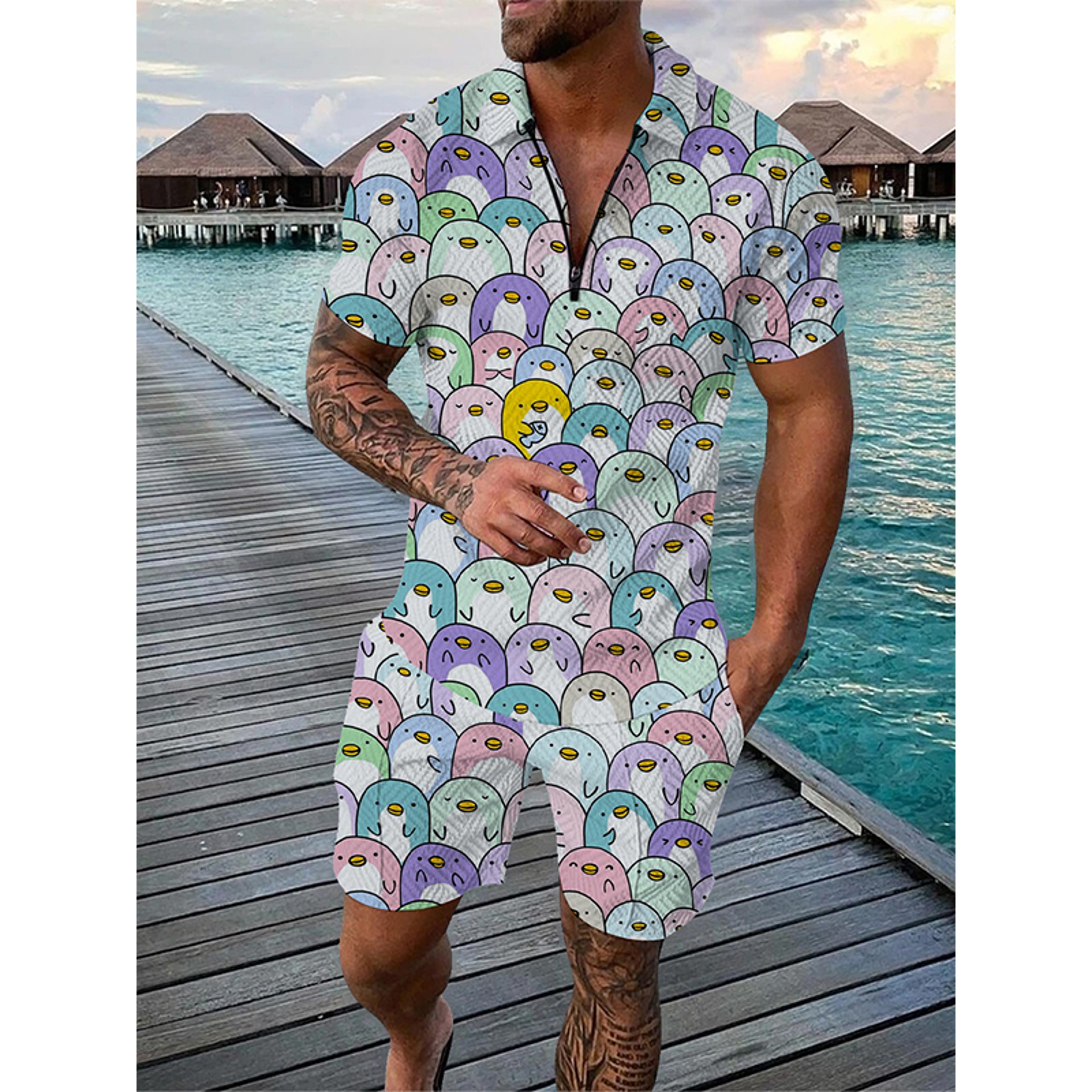 Summer Men Tracksuit Set Duck Panda 3D Print Oversized Streetwear Short Sleeve Zipper Polo Shirt & Shorts – view 14