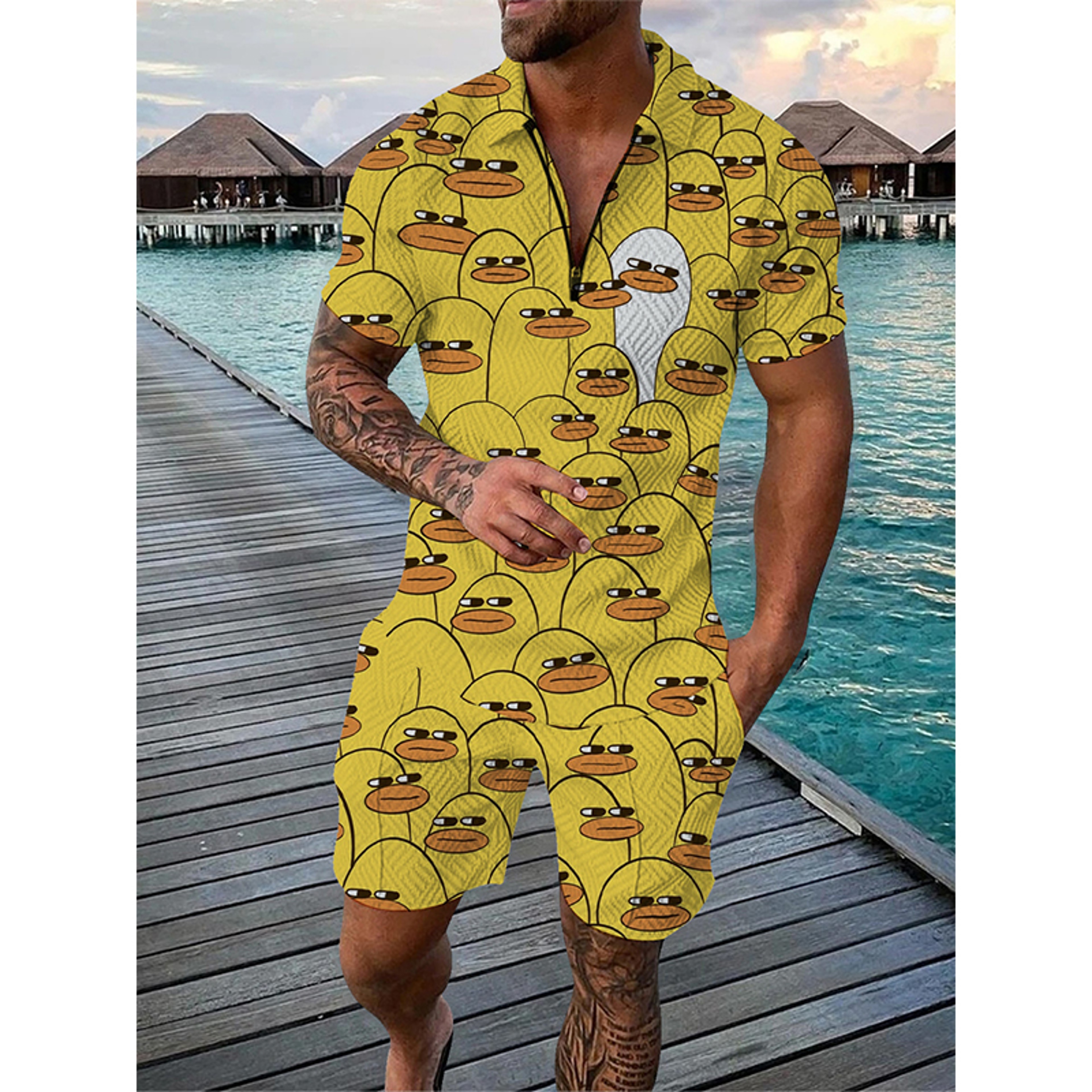 Summer Men Tracksuit Set Duck Panda 3D Print Oversized Streetwear Short Sleeve Zipper Polo Shirt & Shorts – view 15