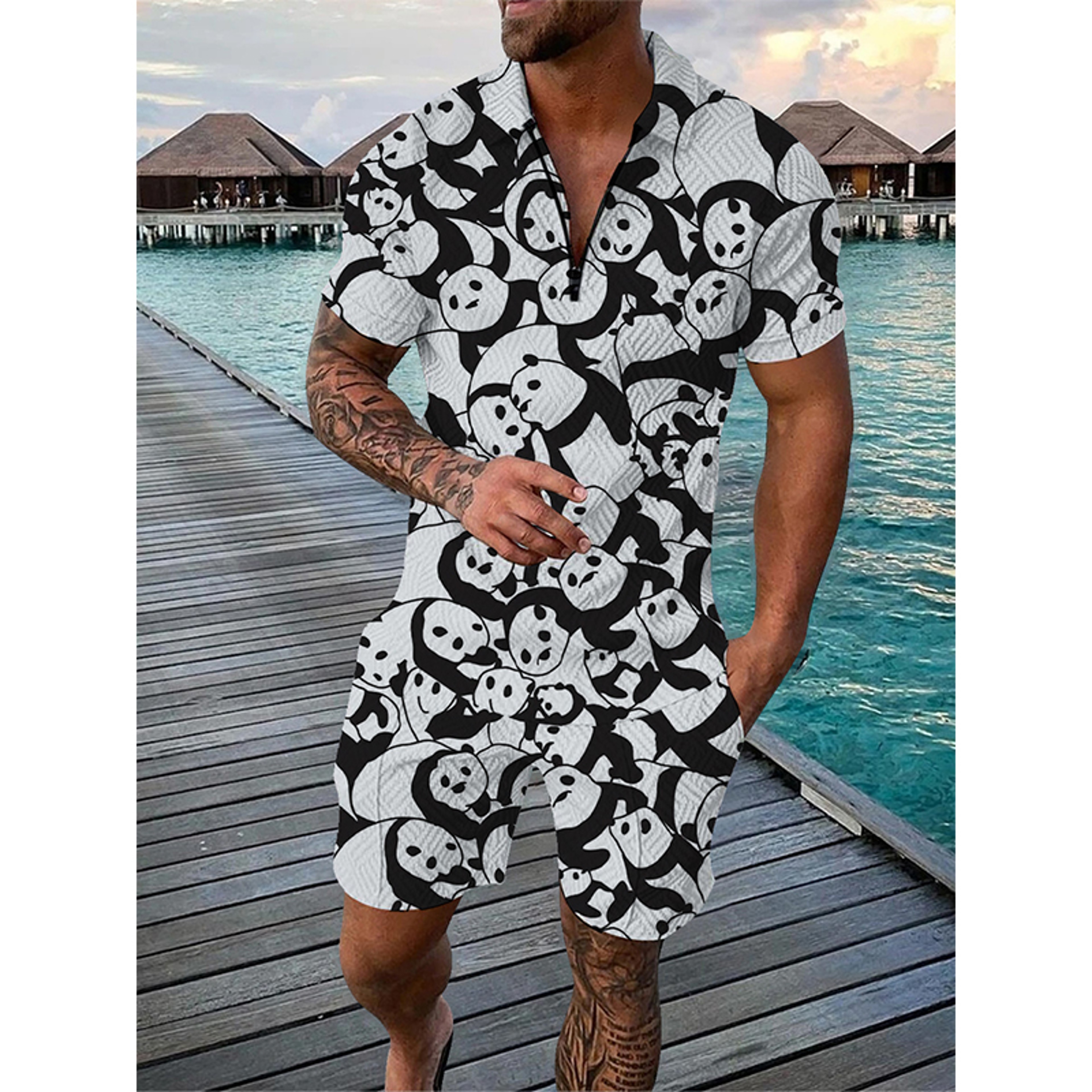 Summer Men Tracksuit Set Duck Panda 3D Print Oversized Streetwear Short Sleeve Zipper Polo Shirt & Shorts – view 16