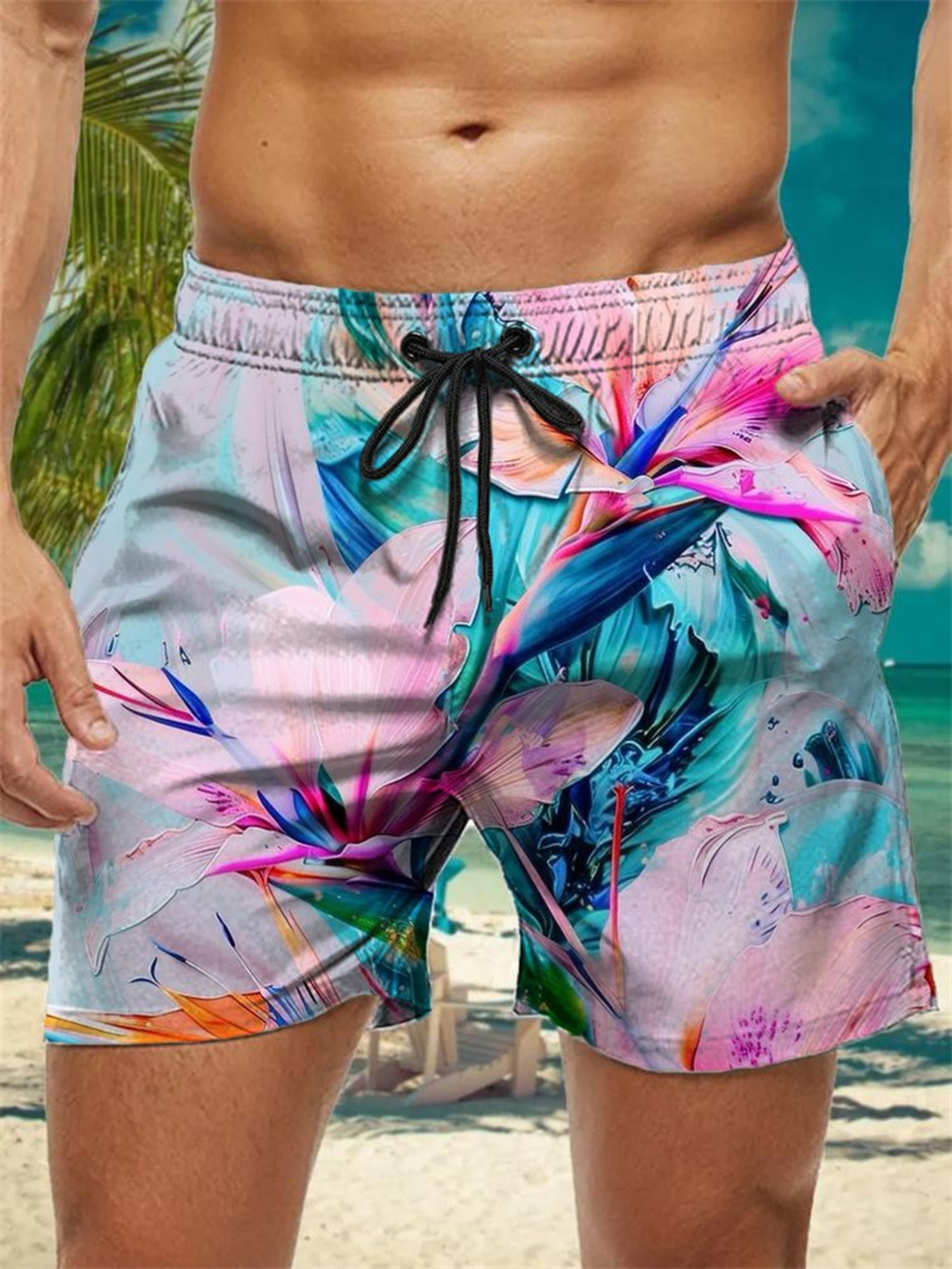 Trendy Floral Graphic Short Pants for Men, 3D Printed Hawaiian Beach Shorts Summer Fashion Vacation Oversized Swim Trunk – view 2
