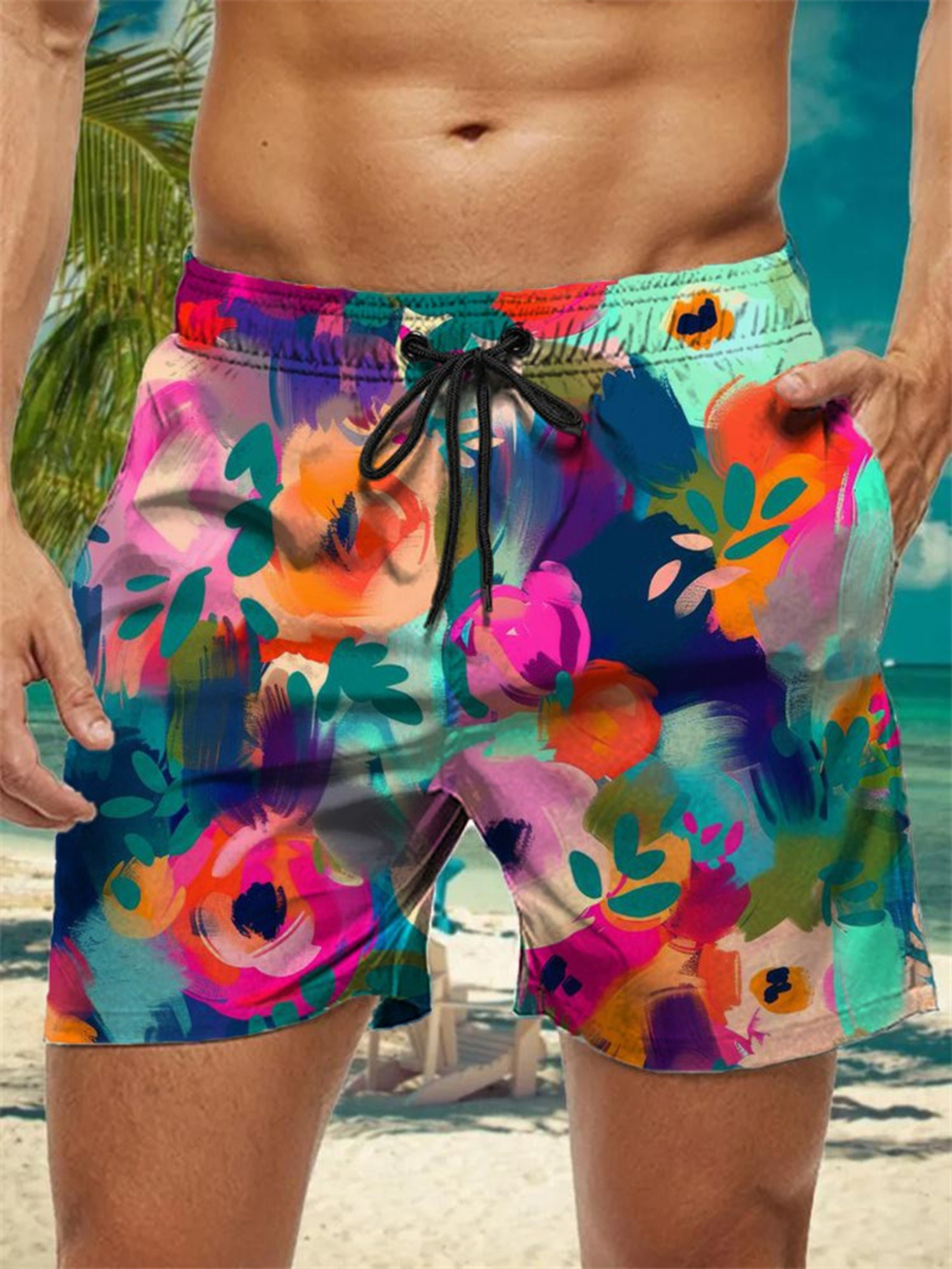 Trendy Floral Graphic Short Pants for Men, 3D Printed Hawaiian Beach Shorts Summer Fashion Vacation Oversized Swim Trunk – view 5