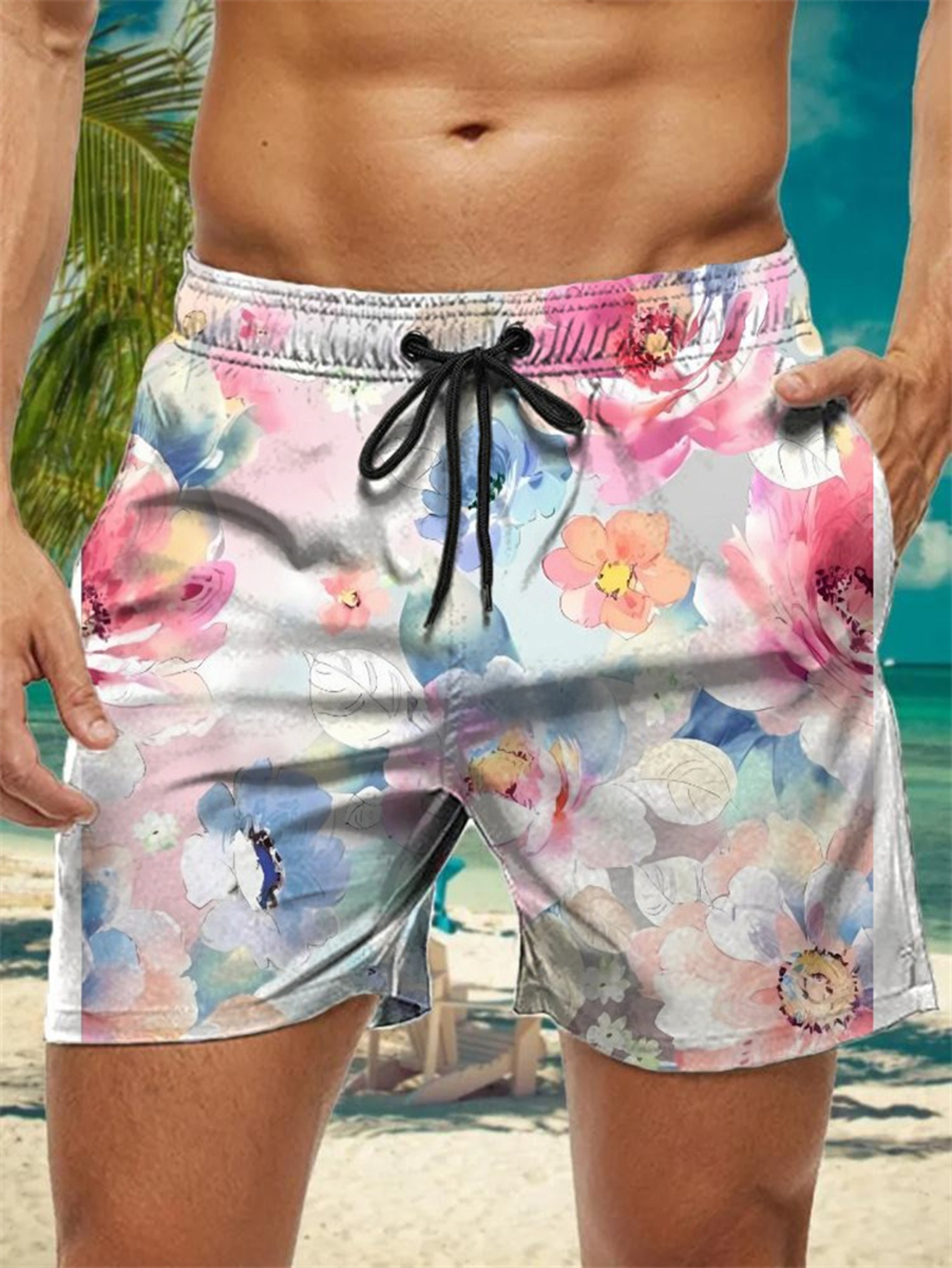 Trendy Floral Graphic Short Pants for Men, 3D Printed Hawaiian Beach Shorts Summer Fashion Vacation Oversized Swim Trunk – view 7