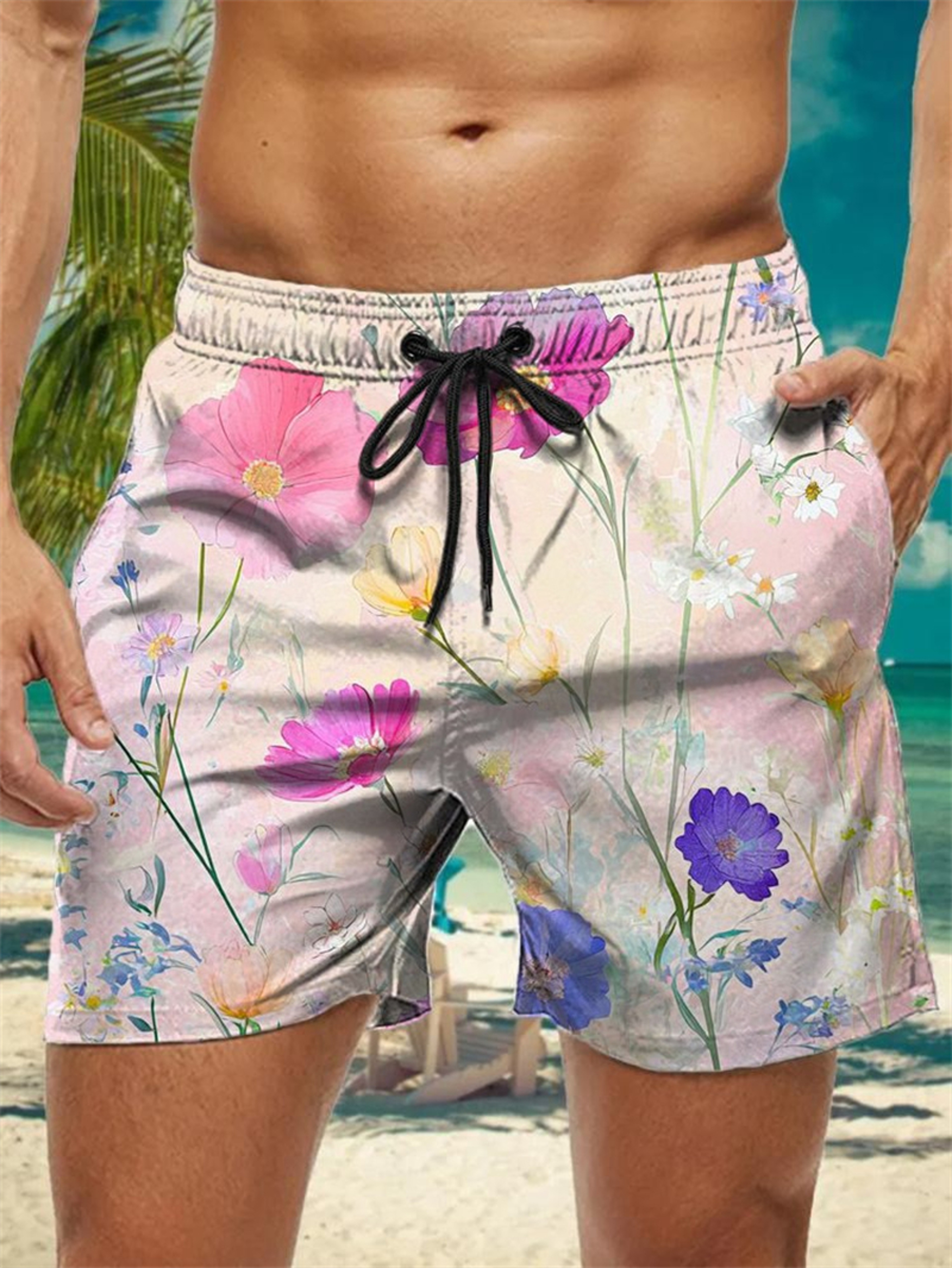 Trendy Floral Graphic Short Pants for Men, 3D Printed Hawaiian Beach Shorts Summer Fashion Vacation Oversized Swim Trunk – view 9